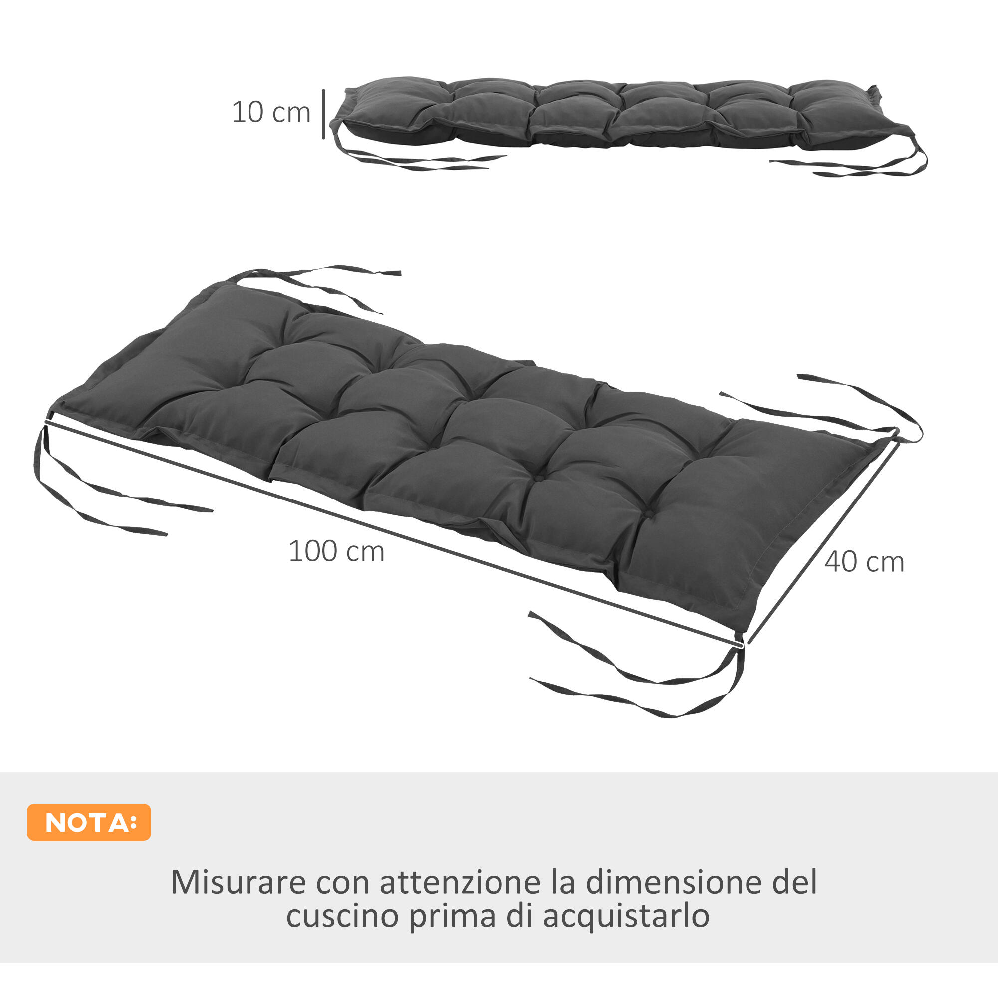 Outsunny Cuscino per Panchina da Esterno con Laccetti 100x40cm Grigio Scuro 3/7