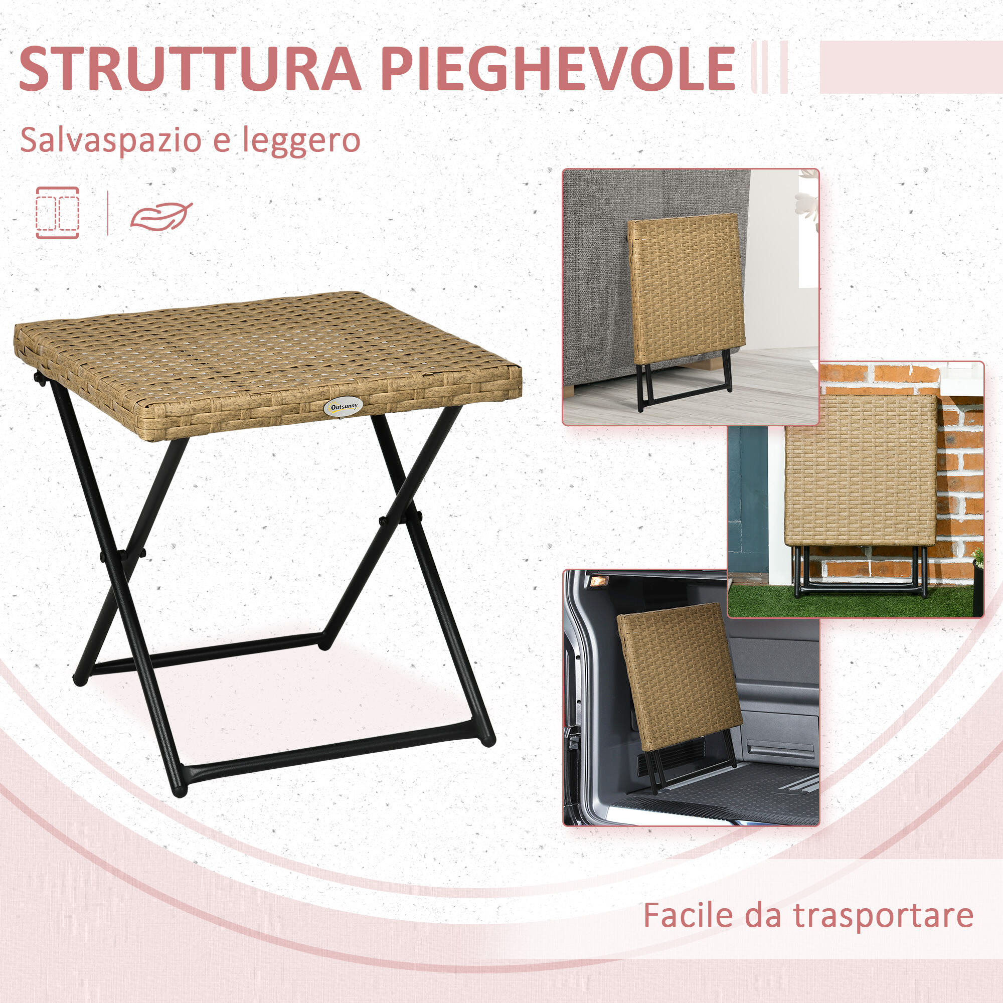 Outsunny Tavolino da Esterno Pieghevole Salvaspazio in Rattan Colore Naturale 4/7