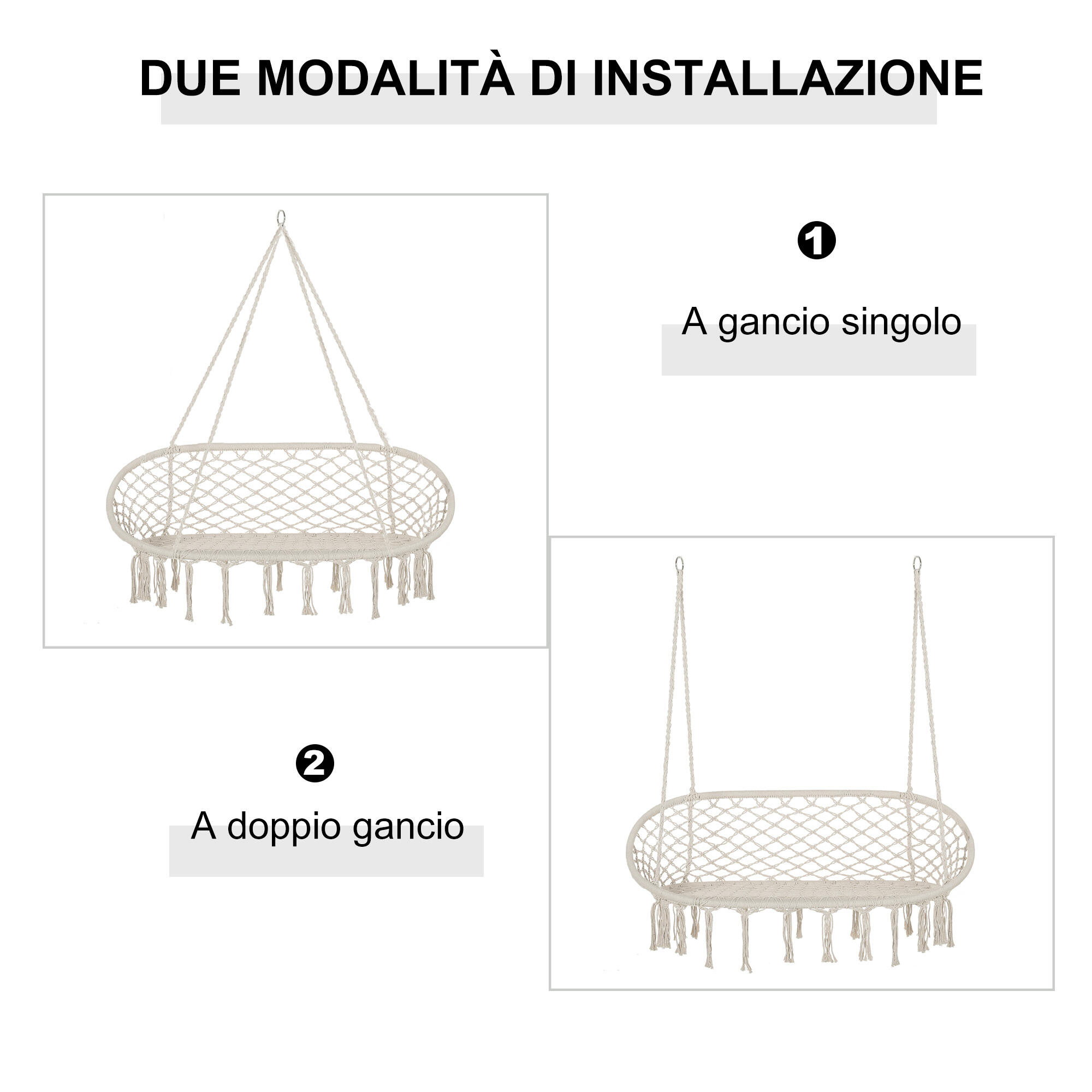 Outsunny Amaca a Dondolo da Esterno e Casa a 2 Posti in Macramè Bianco Crema 7/7