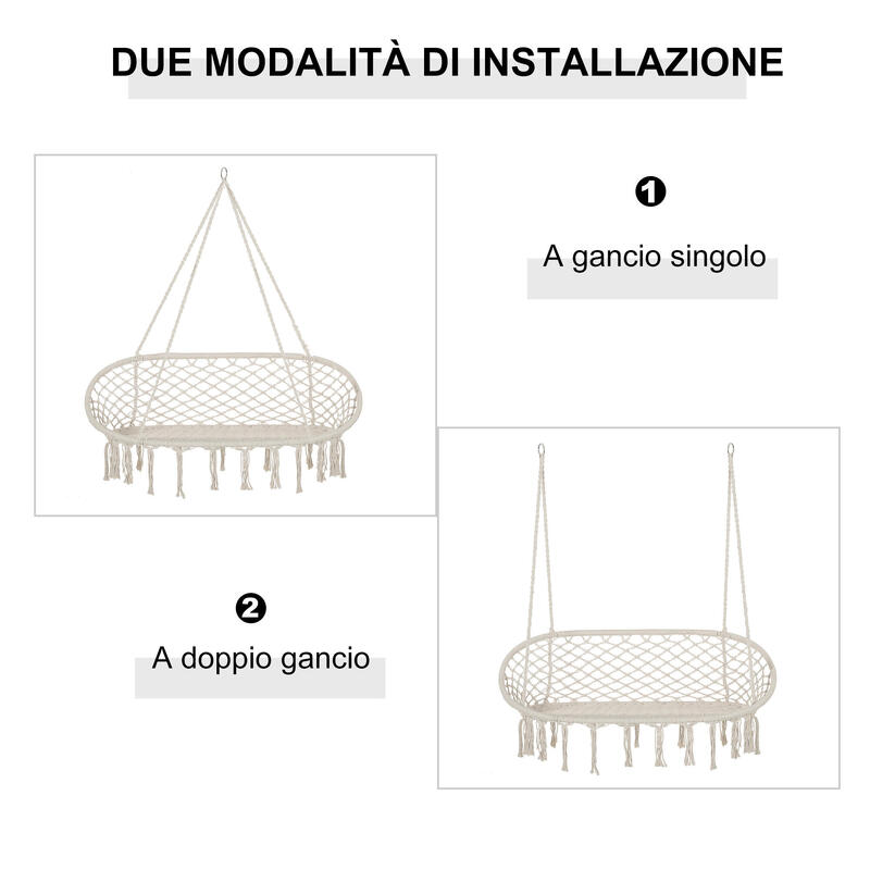 Outsunny Hamac 2 Locuri, Alb Crem, Macrame Exterior, Hamac Leagăn pentru Casă