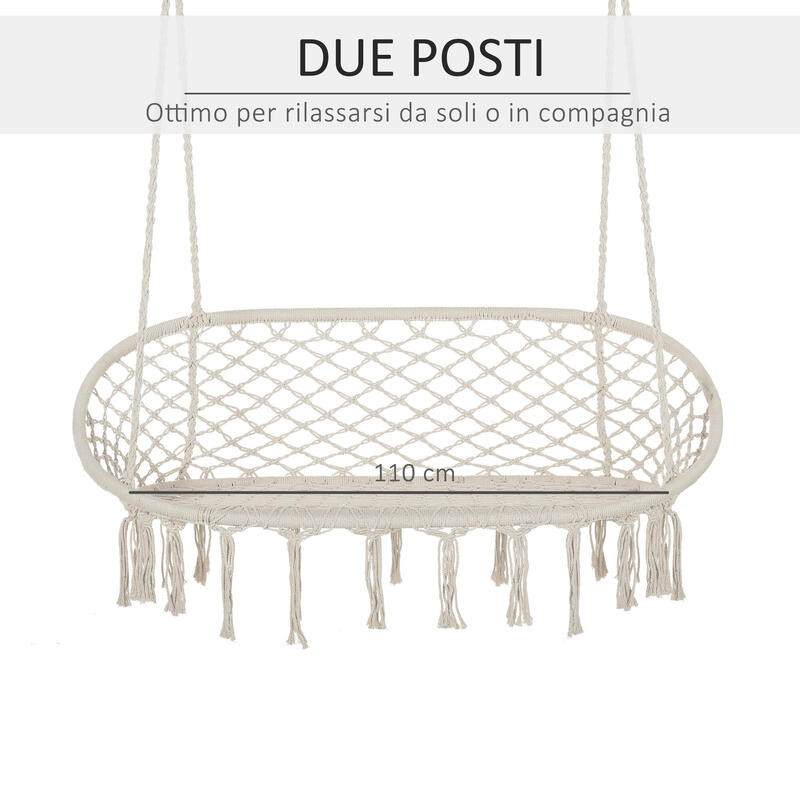 Outsunny Hamac 2 Locuri, Alb Crem, Macrame Exterior, Hamac Leagăn pentru Casă