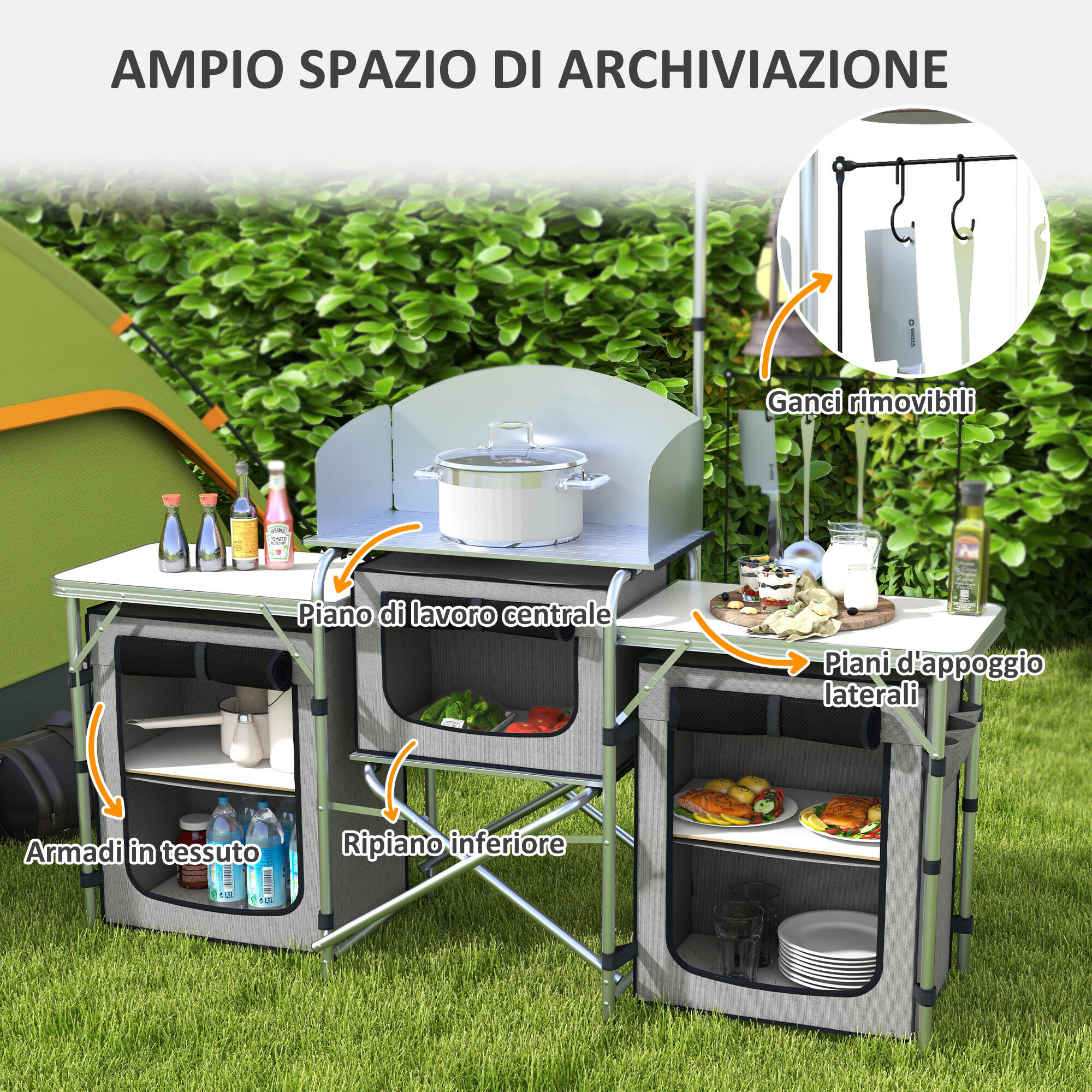 Outsunny Cucina da Campeggio Pieghevole a 3 Piani con 5 Ripiani e 4 Ganci Grigio 4/8