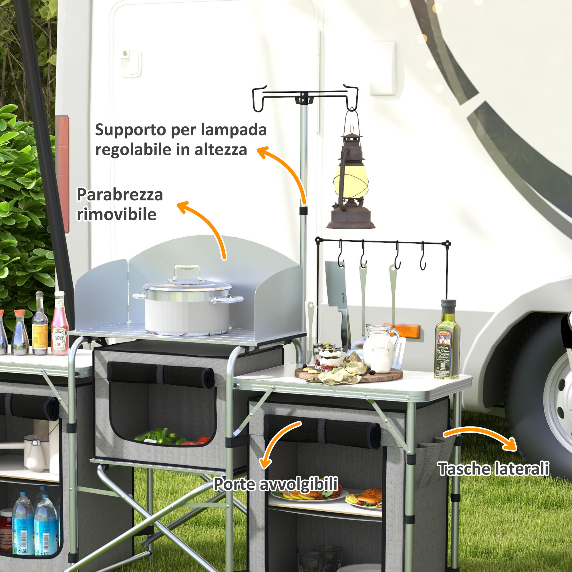 Outsunny Cucina da Campeggio Pieghevole a 3 Piani con 5 Ripiani e 4 Ganci Grigio 5/8