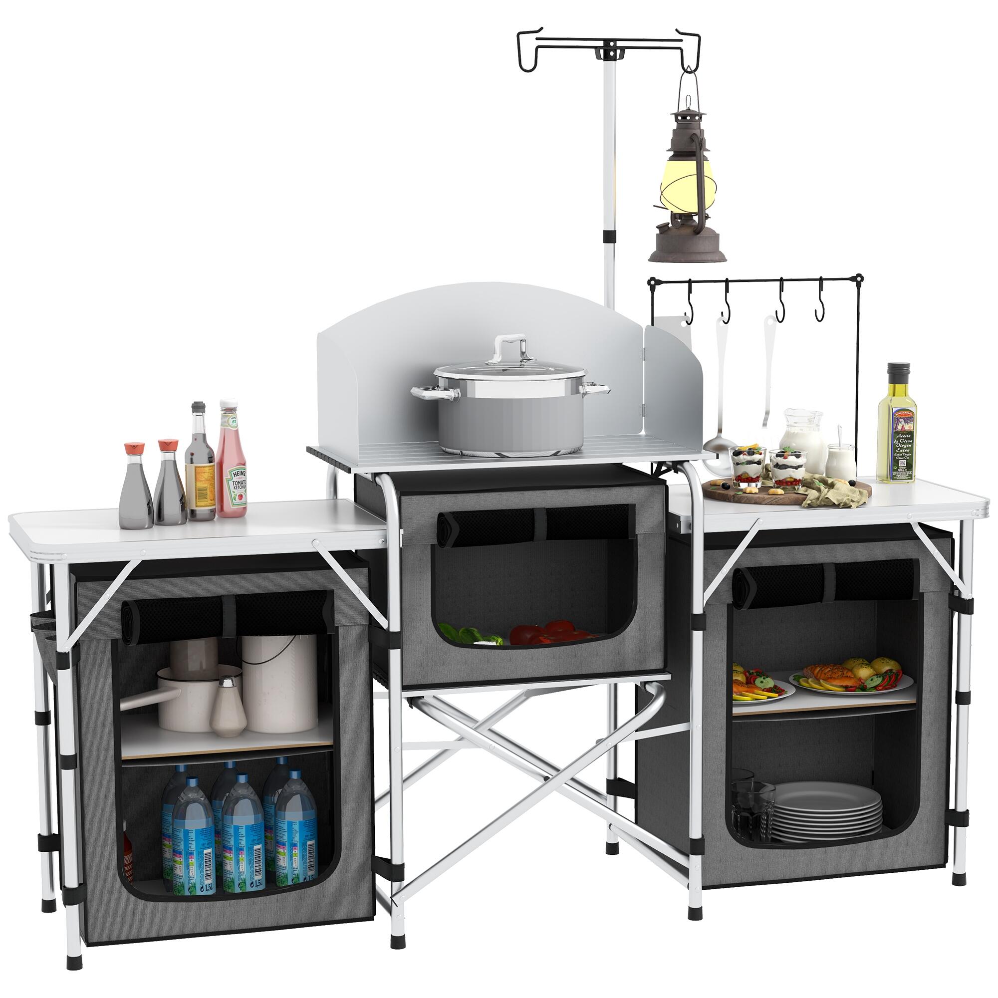 OUTSUNNY Móvel de cozinha para campismo 172x48x119 cm cinza e prata Outsunny