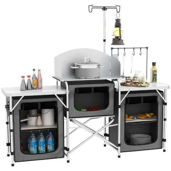 Outsunny Cucina da Campeggio Pieghevole a 3 Piani con 5 Ripiani e 4 Ganci