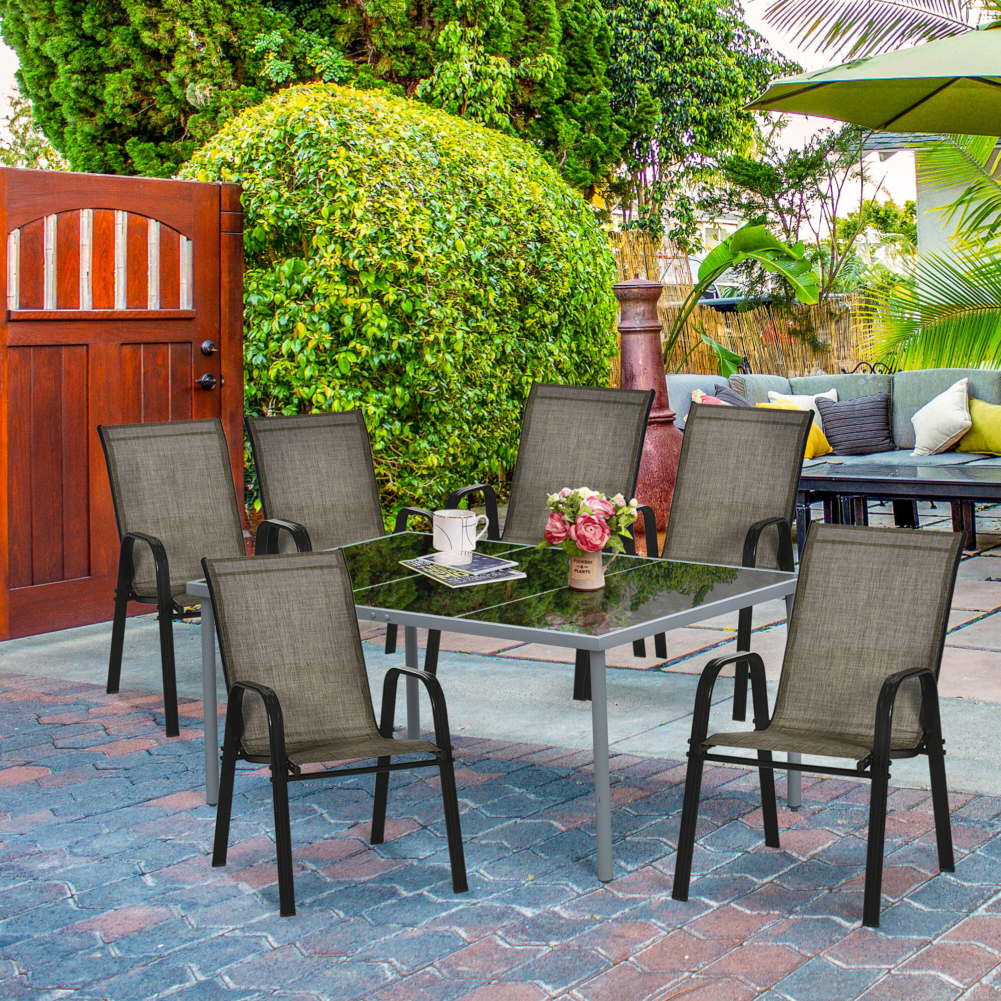 Outsunny Set 6 Pz Sedie da Esterno Impilabili con Braccioli in Metallo Marrone 2/7