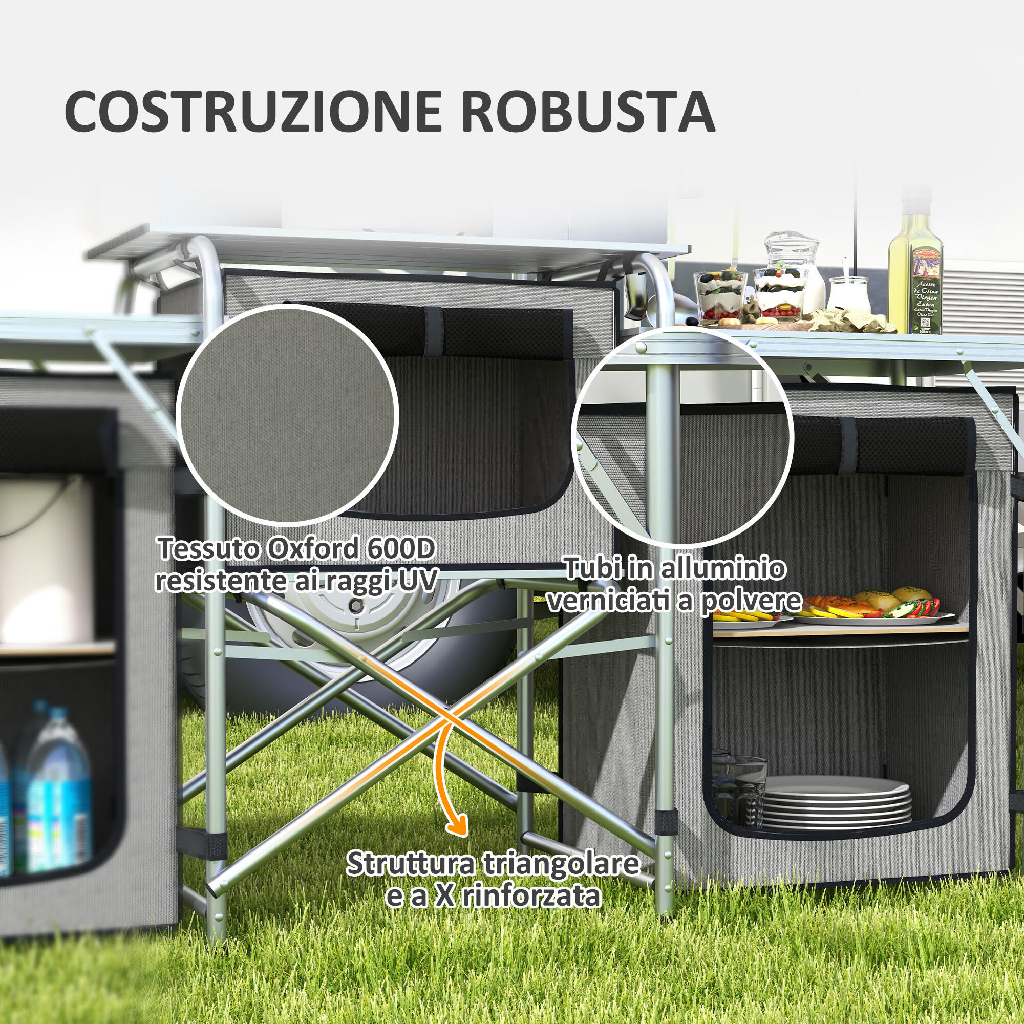 Outsunny Cucina da Campeggio Pieghevole a 3 Piani con 5 Ripiani e 4 Ganci Grigio 7/8