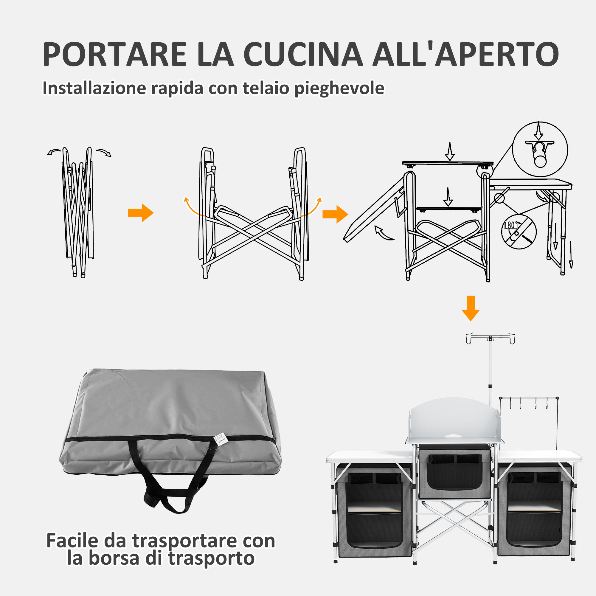 Outsunny Cucina da Campeggio Pieghevole a 3 Piani con 5 Ripiani e 4 Ganci Grigio 6/8