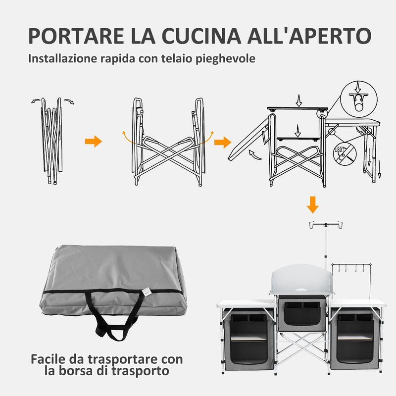 Outsunny Bucătărie de Camping Pliabilă cu 3 Etaje cu 5 Rafturi Și 4 Cârlige