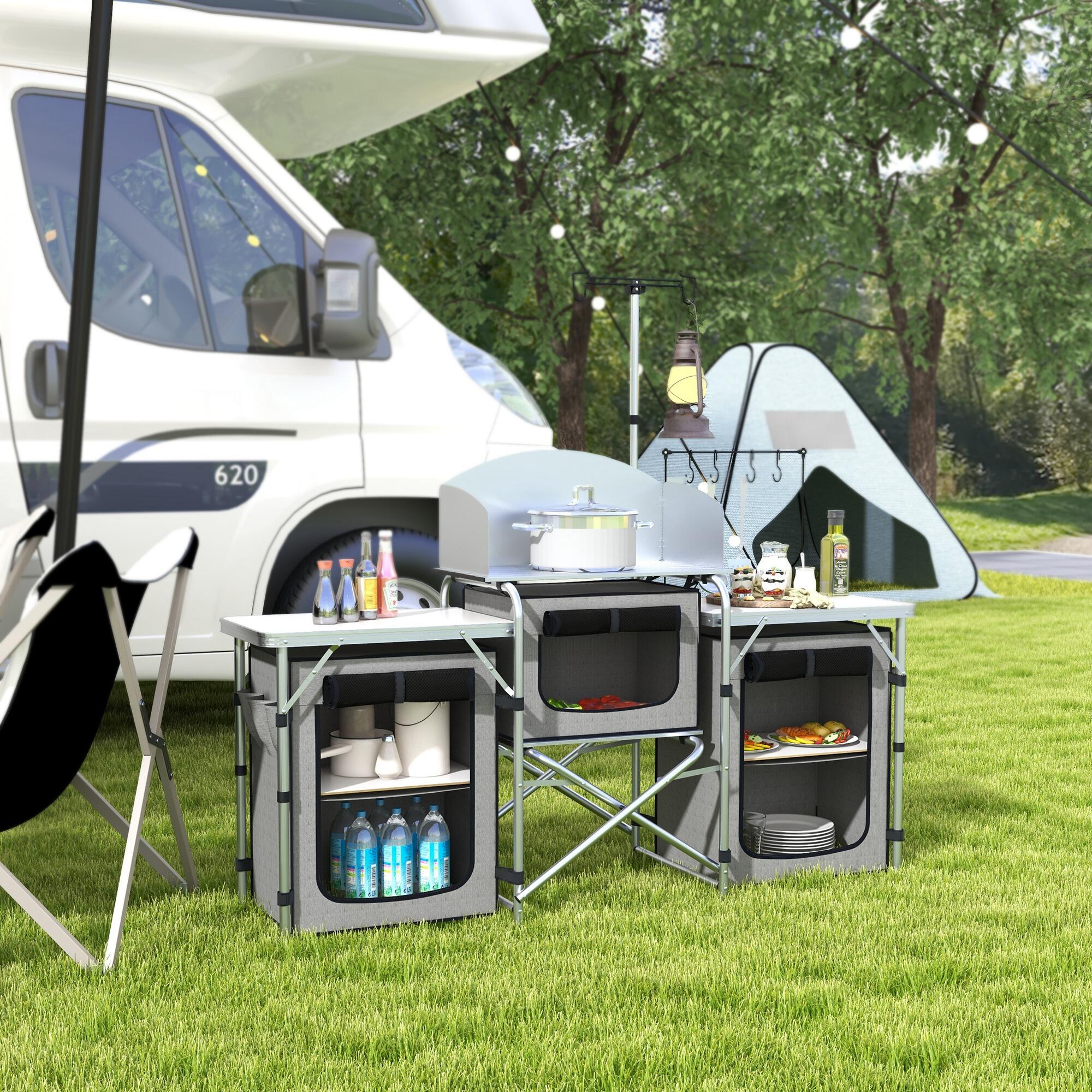 Outsunny Cucina da Campeggio Pieghevole a 3 Piani con 5 Ripiani e 4 Ganci Grigio 2/8
