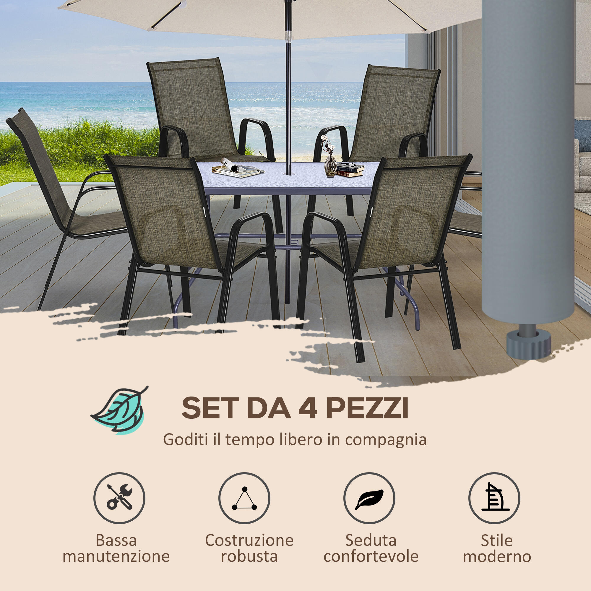 Outsunny Set 6 Pz Sedie da Esterno Impilabili con Braccioli in Metallo Marrone 7/7