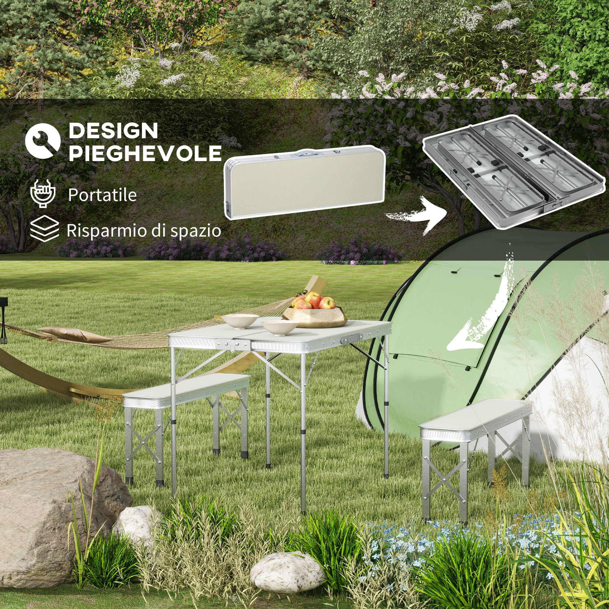 Outsunny Tavolo da Picnic Pieghevole con 2 Panche da Esterno in MDF e Alluminio 4/7