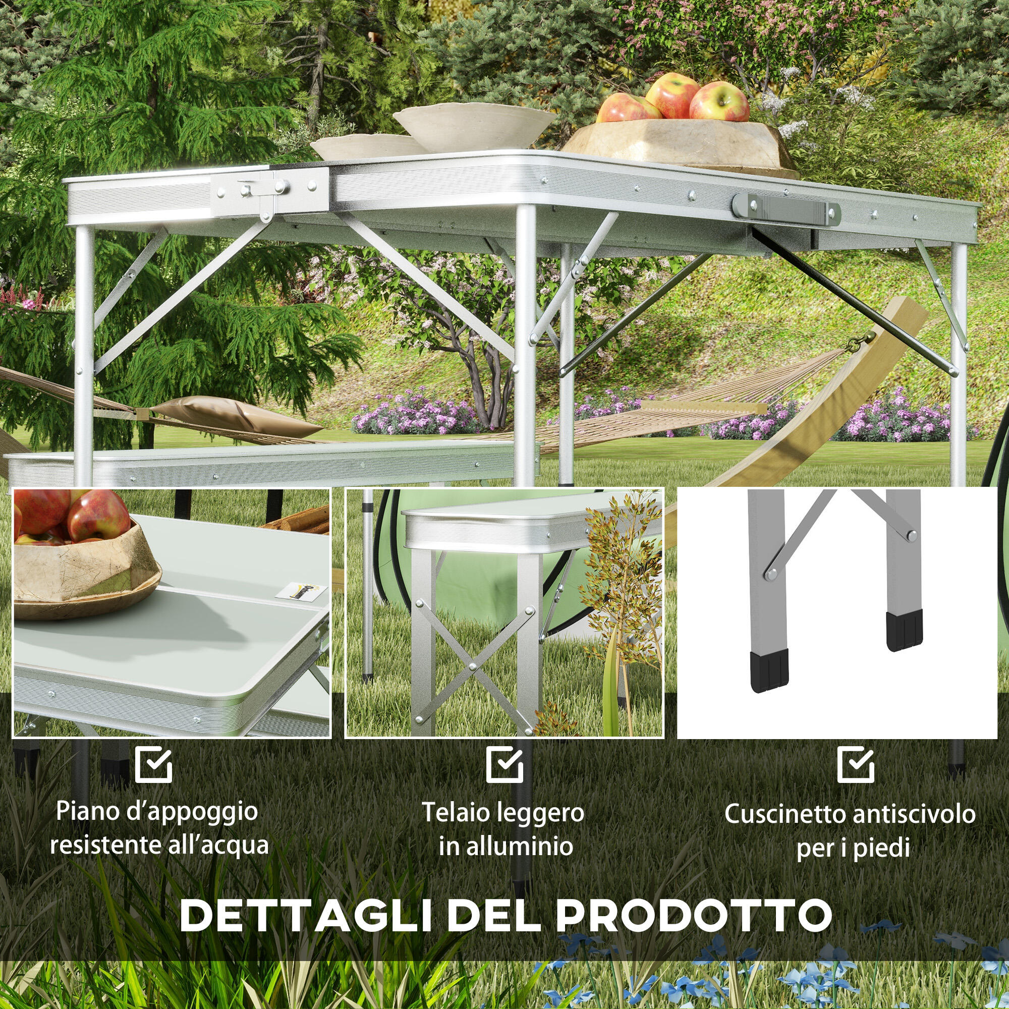 Outsunny Tavolo da Picnic Pieghevole con 2 Panche da Esterno in MDF e Alluminio 5/7