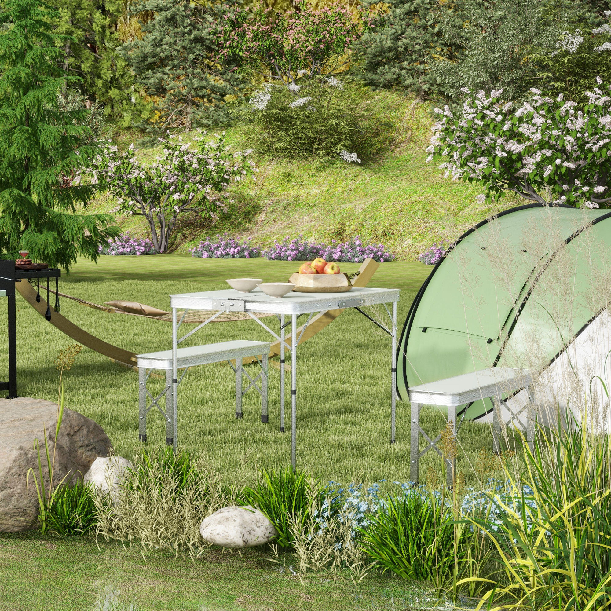 Outsunny Tavolo da Picnic Pieghevole con 2 Panche da Esterno in MDF e Alluminio 2/7
