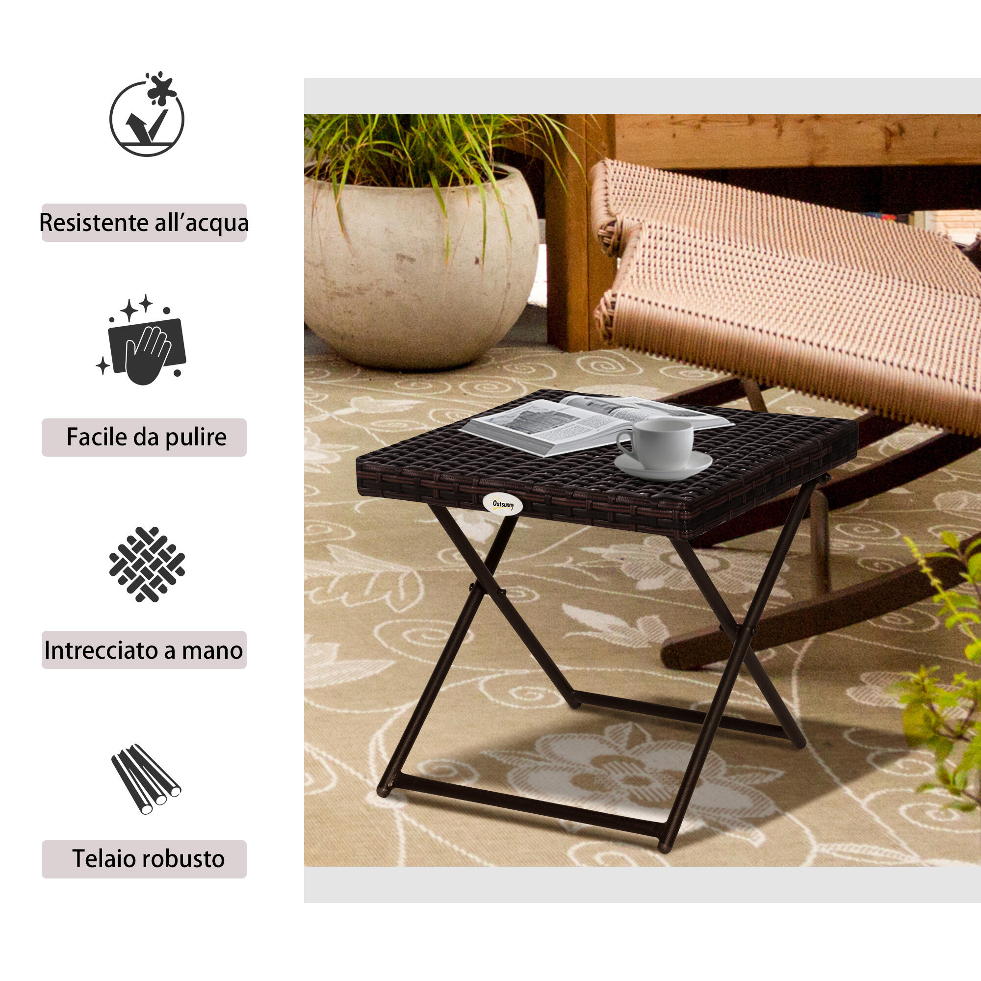 Outsunny Tavolino da Esterno Pieghevole in Rattan Sintetico e Acciaio Marrone 5/8