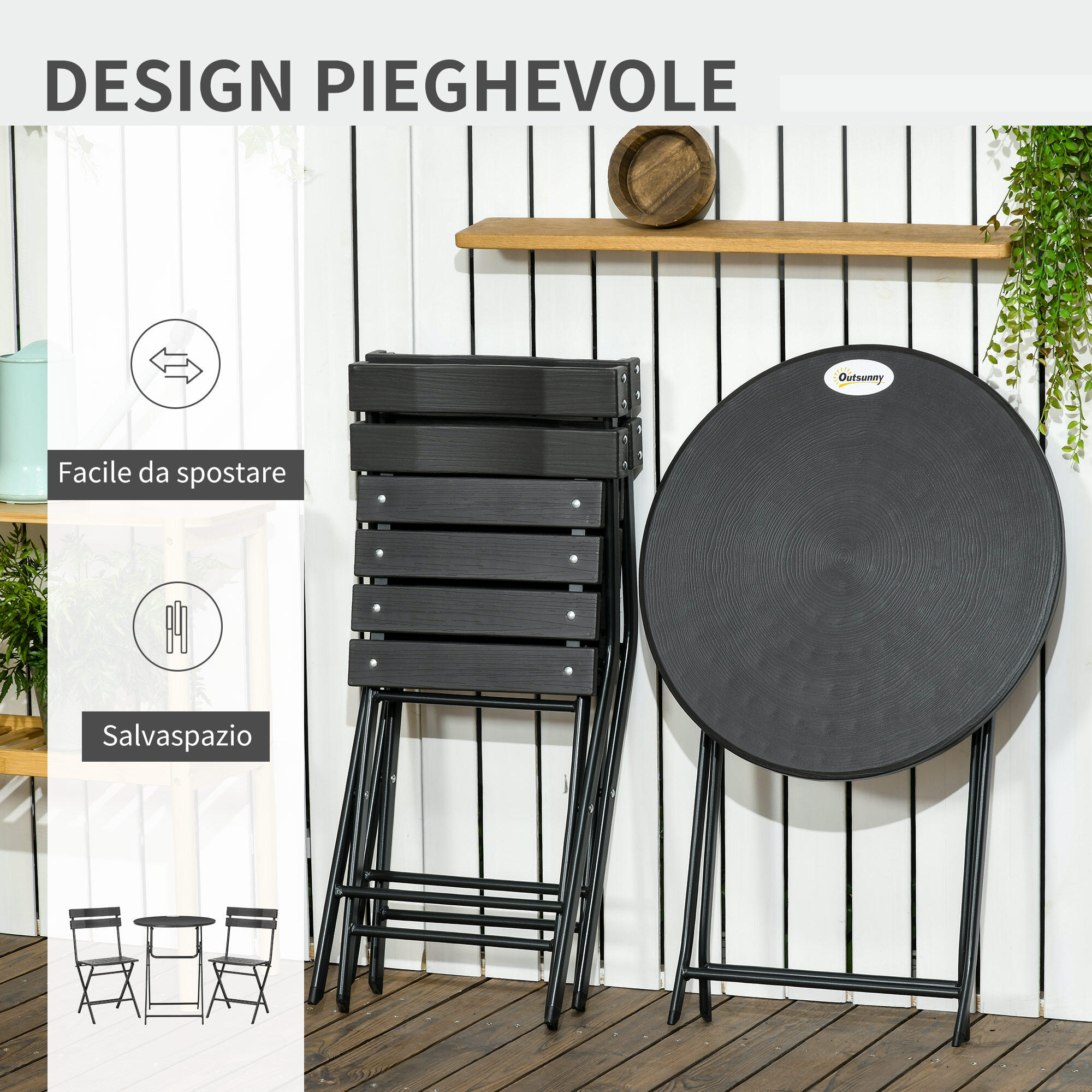 Outsunny Set da Esterno 3 Pezzi con 2 Sedie e Tavolo Pieghevoli Grigio Scuro 4/7