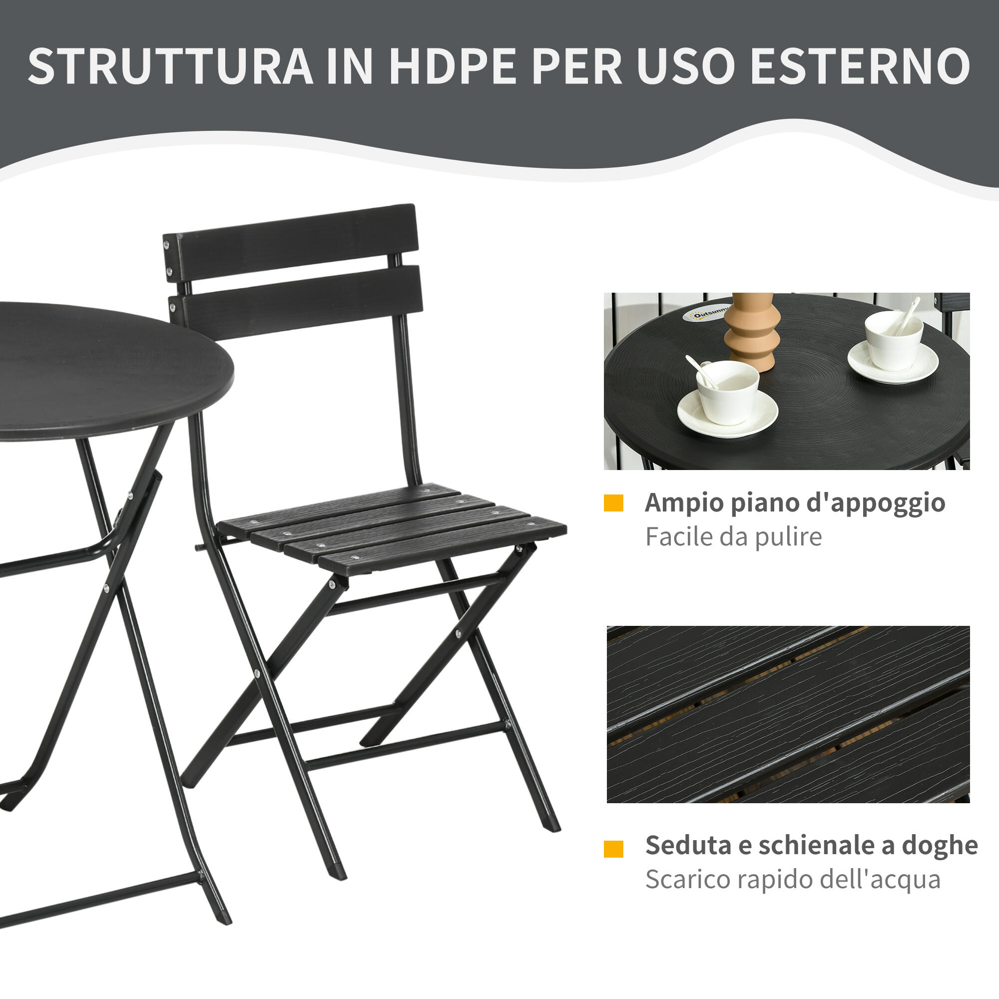 Outsunny Set da Esterno 3 Pezzi con 2 Sedie e Tavolo Pieghevoli Grigio Scuro 6/7