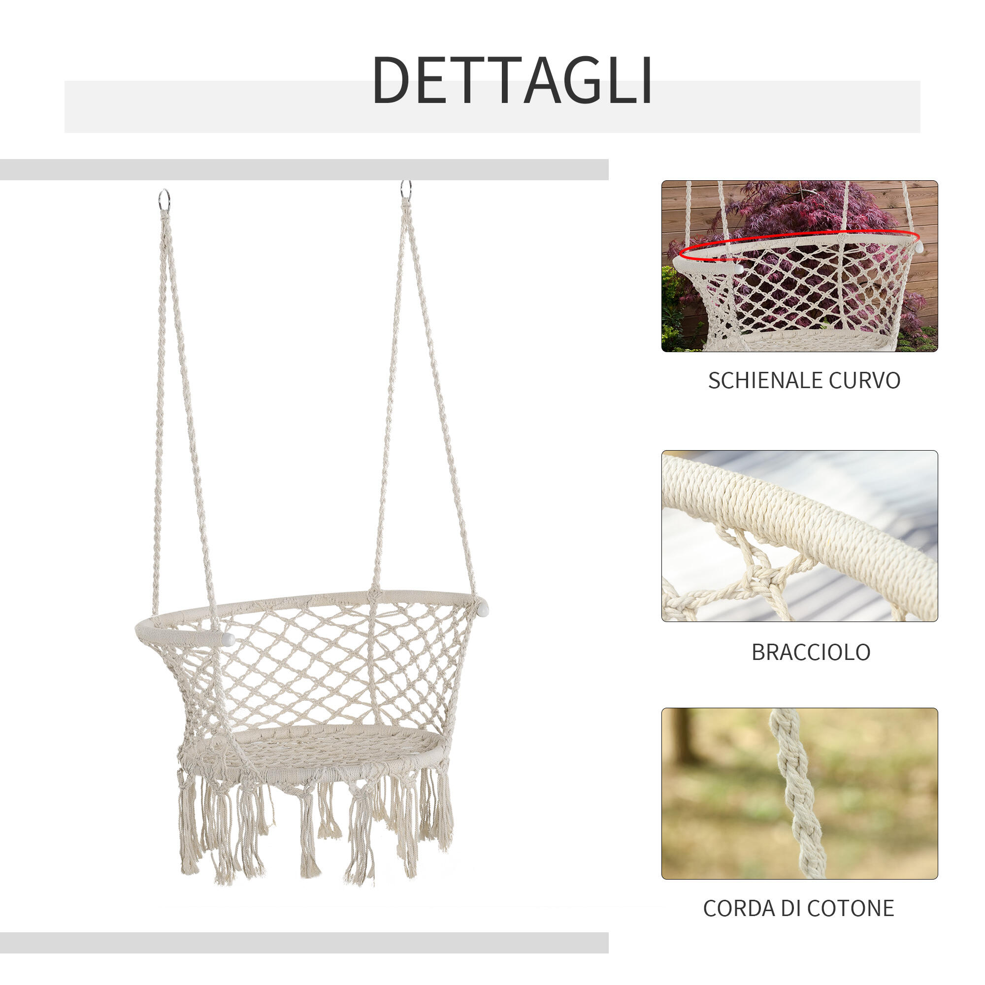 Outsunny Amaca Boho Chic Sedia Sospesa per Interni ed Esterni Crema 5/7