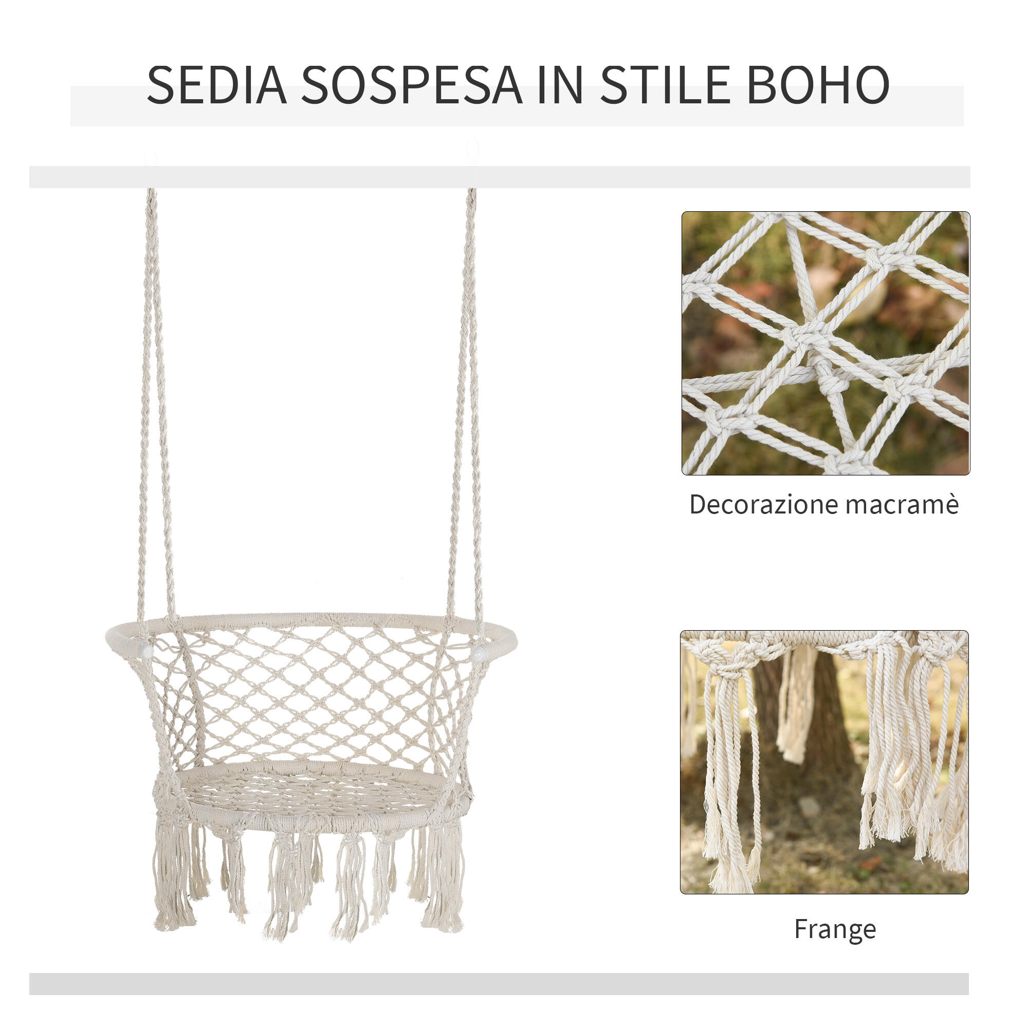 Outsunny Amaca Boho Chic Sedia Sospesa per Interni ed Esterni Crema 4/7