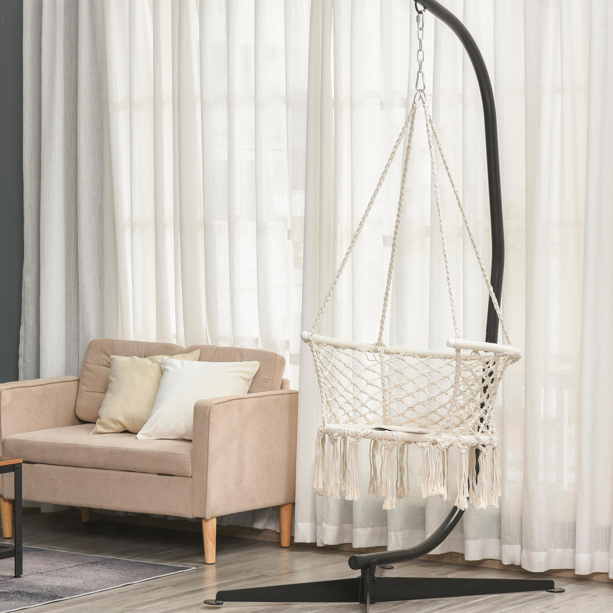 Outsunny Amaca Boho Chic Sedia Sospesa per Interni ed Esterni Crema 2/7