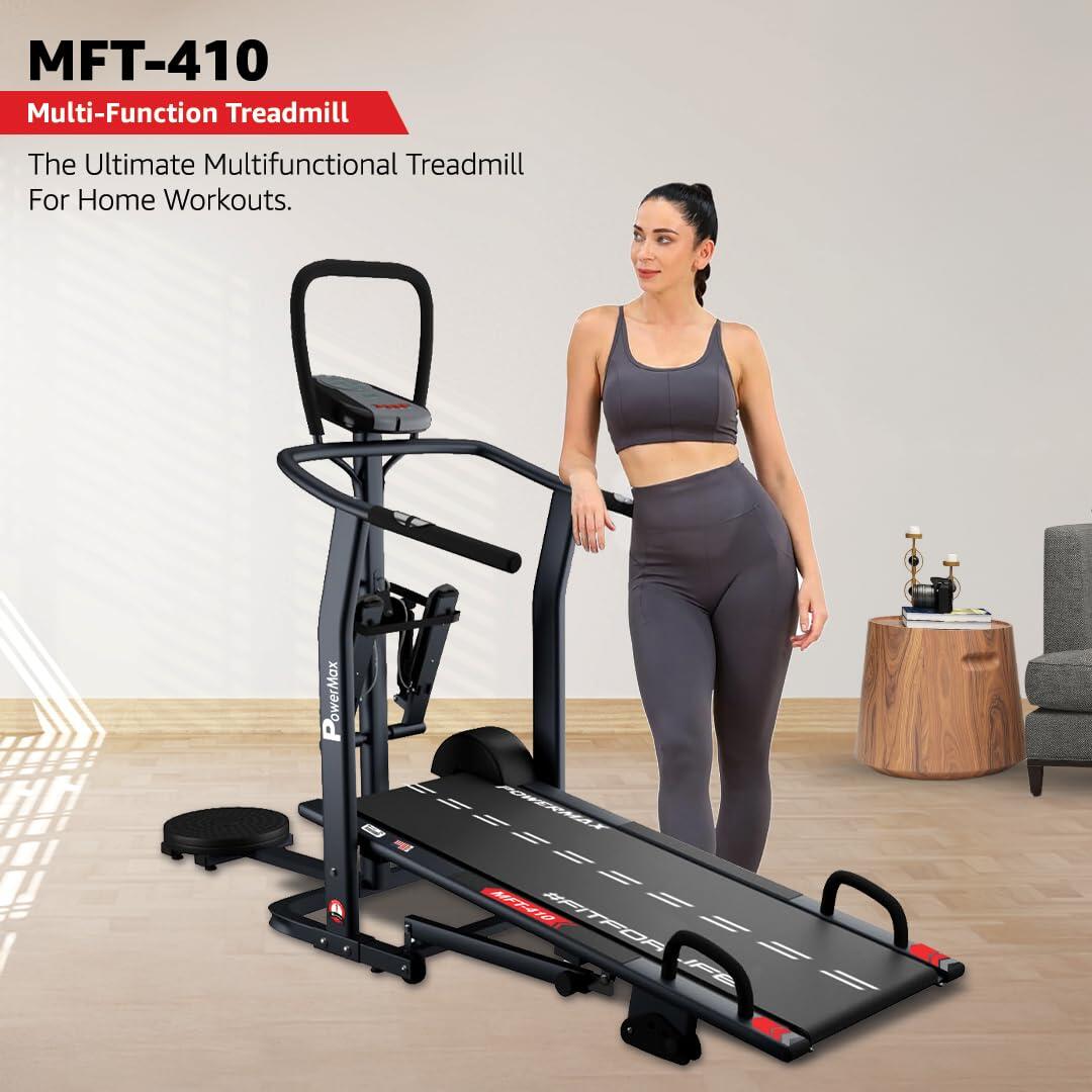 PowerMax Fitness MFT-410 Non-electric Manual Treadmill Foldable, Multifunction (Jogger, Stepper, Twister, Push up Bar), 3-Level 