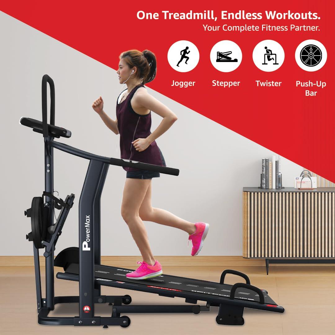 PowerMax Fitness MFT-410 Non-electric Manual Treadmill Foldable, Multifunction (Jogger, Stepper, Twister, Push up Bar), 3-Level 