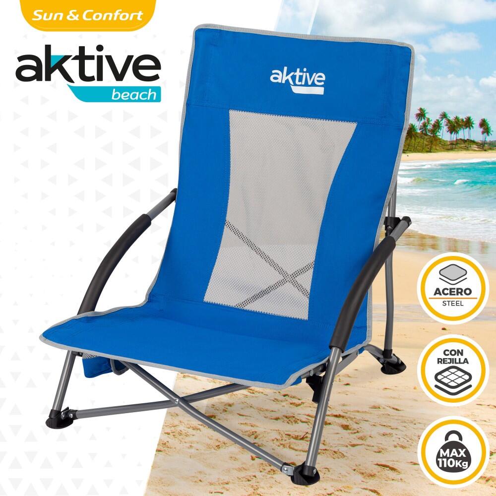 Chaise De Plage Pliante AKTIVE Fixe - Accoudoirs PVC, Tissu Textilène Bleu, Support 100kg - 2