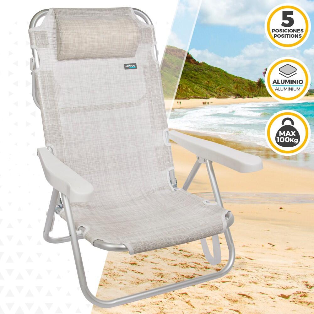 Cadeira de praia dobrável multiposição alumínio bege Aktive 2/7