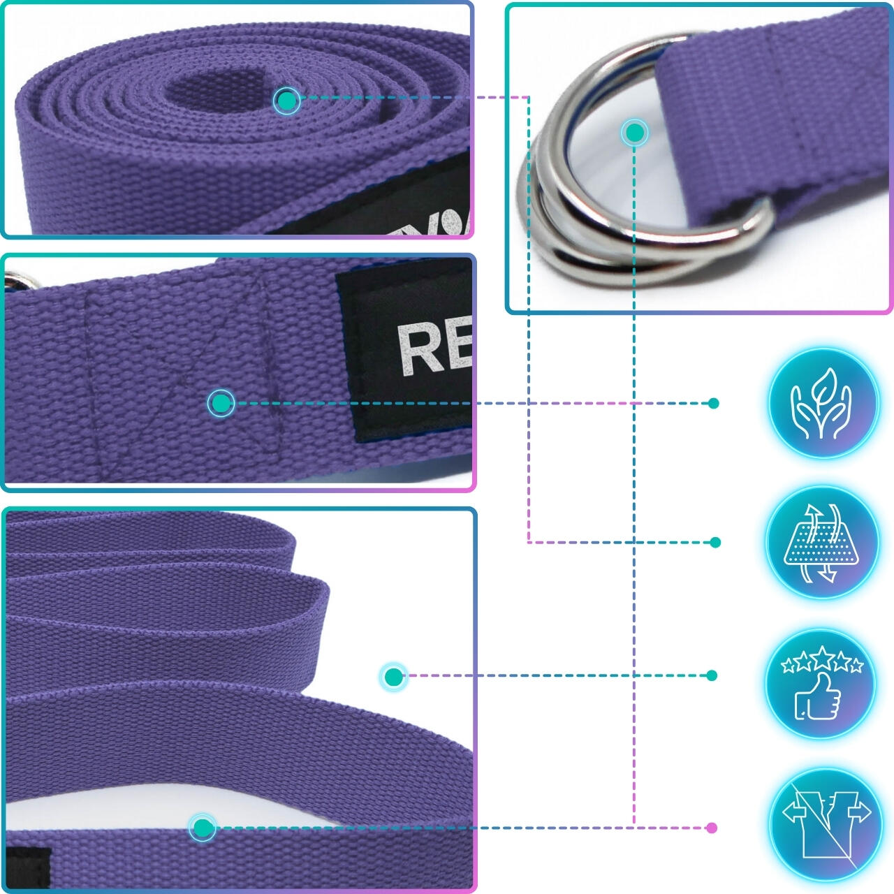 Set yoga de: bloque de yoga x2 & correa x1, guía de entrenamiento en PDF, morado 5/7