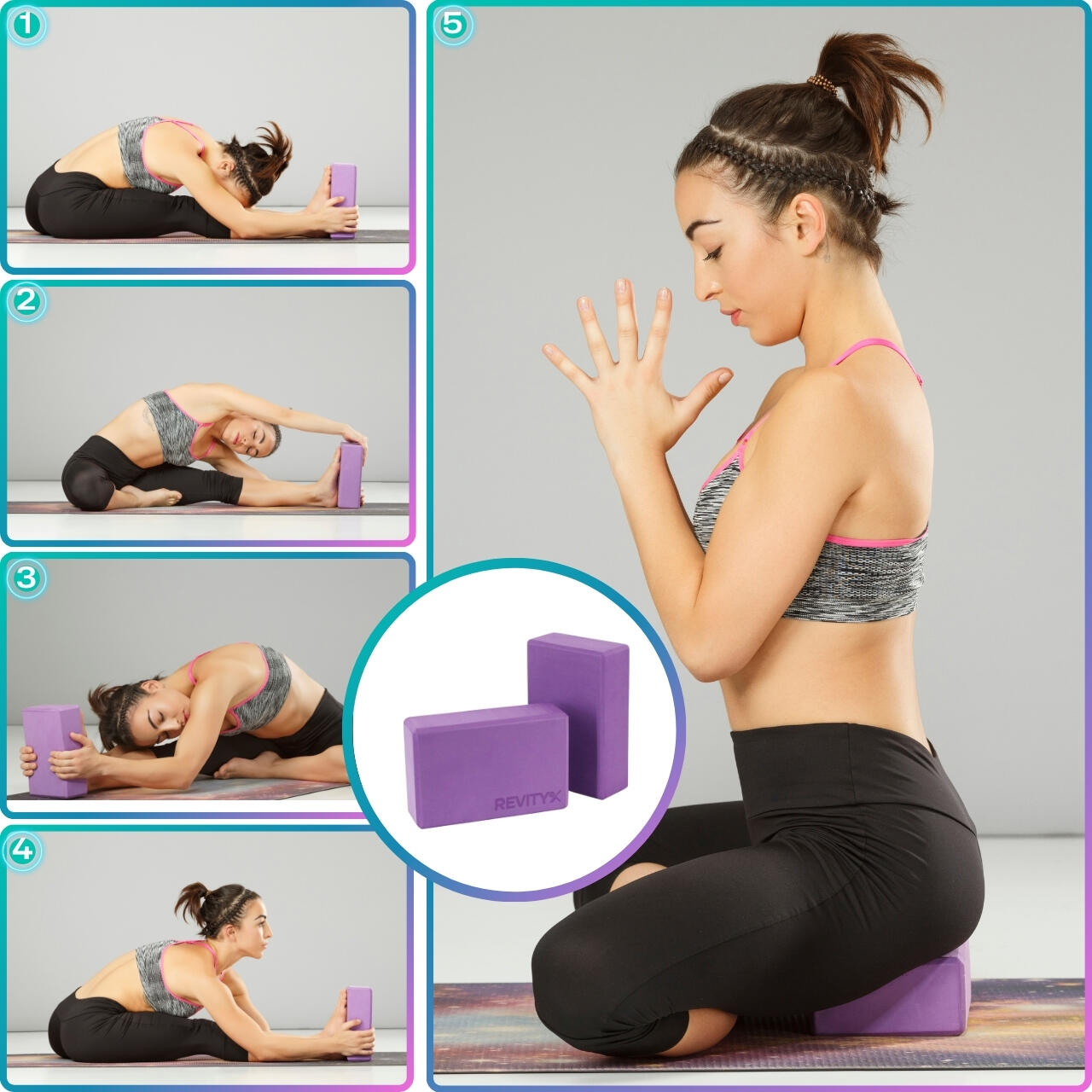 Bloques yoga de EVA - juego de 2 + plan de entrenamiento en PDF, morado 3/7