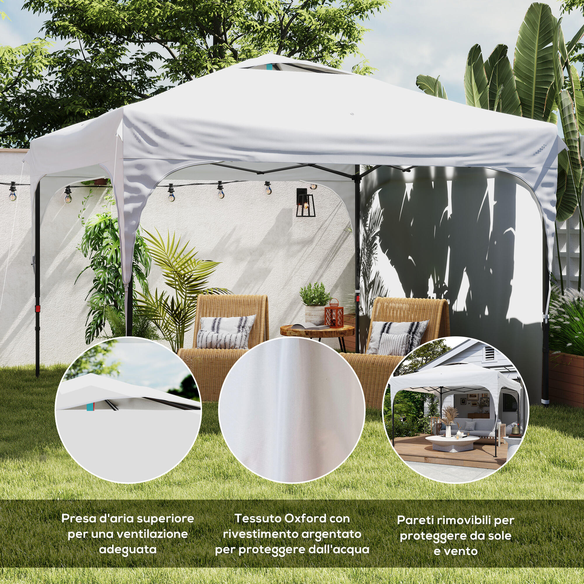 Outsunny Gazebo da Esterno 3x3 m Pieghevole e Regolabile su 3 Livelli Bianco 7/7