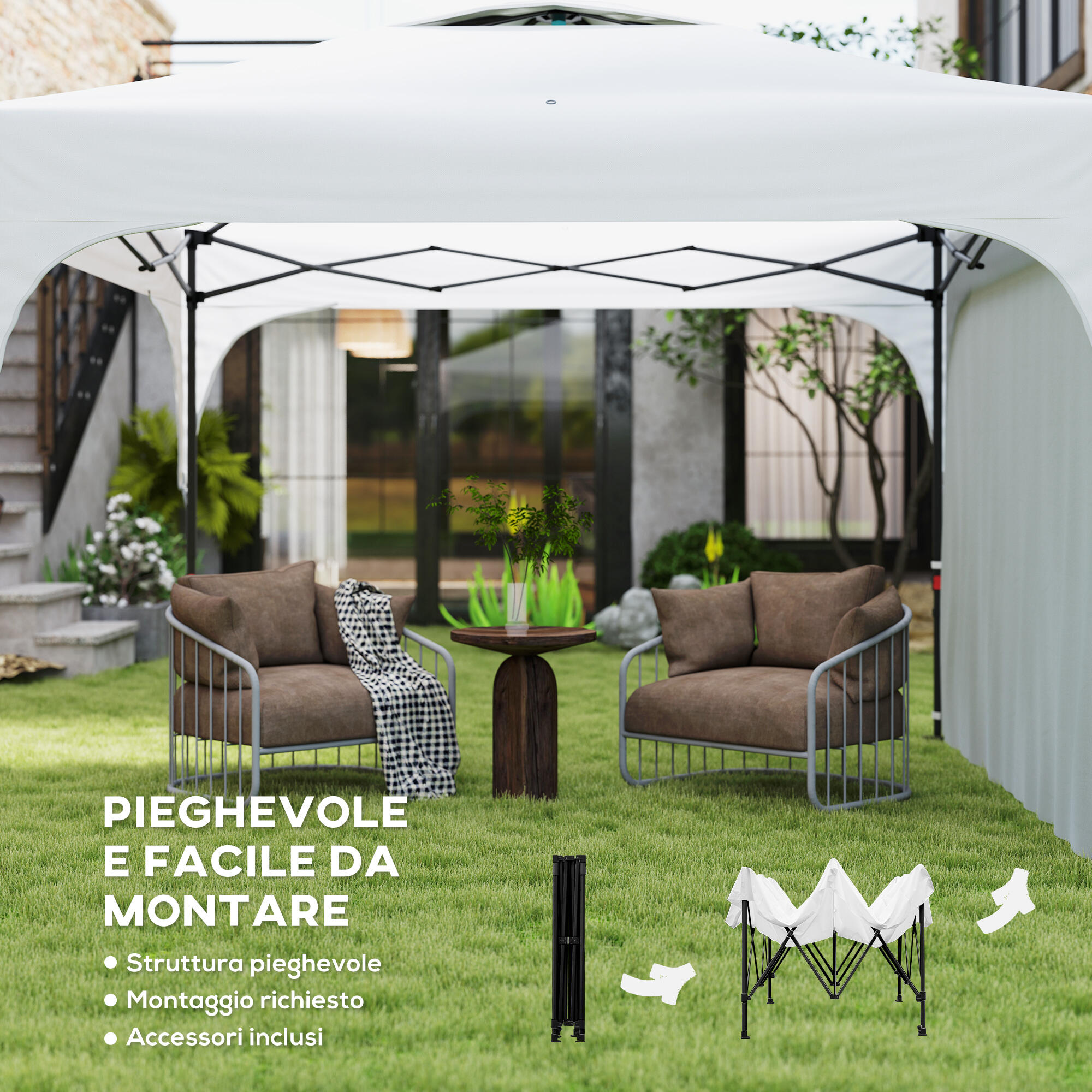 Outsunny Gazebo da Esterno 3x3 m Pieghevole e Regolabile su 3 Livelli Bianco 5/7