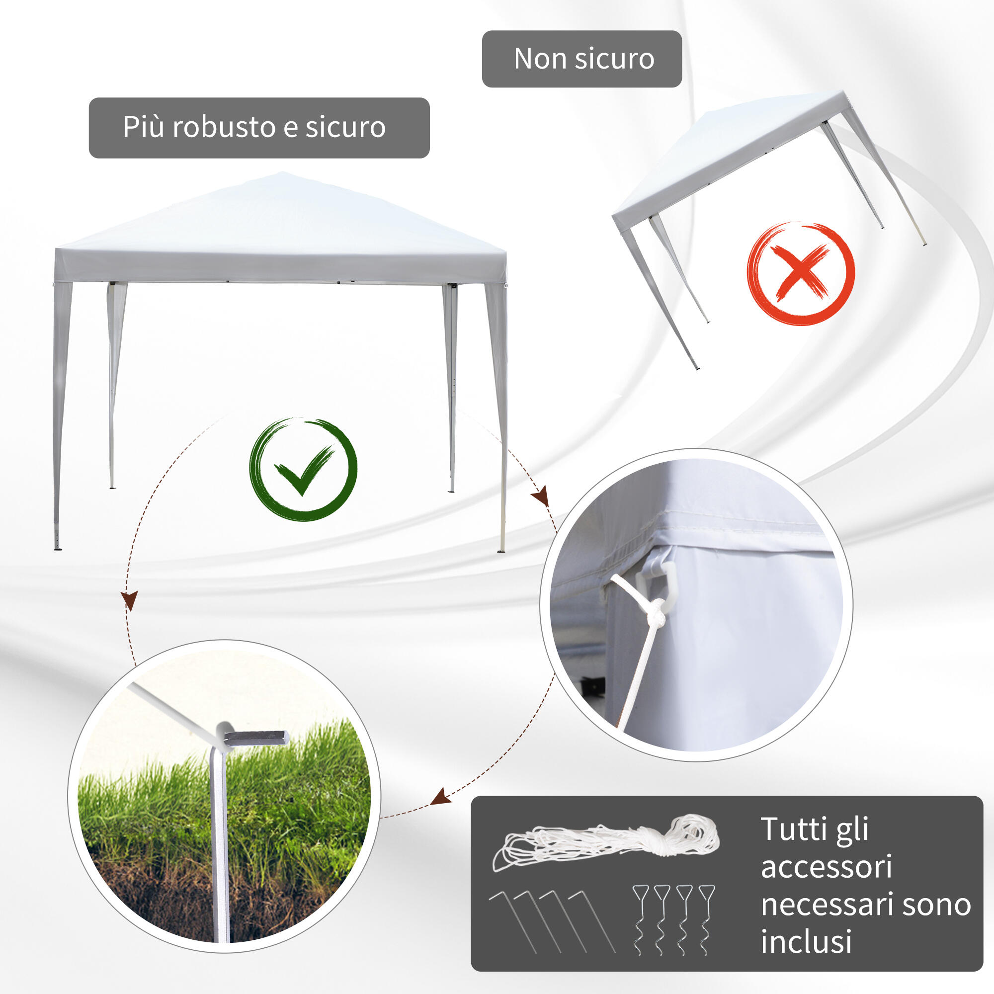 Gazebo da Esterno Pieghevole con Corde e Picchetti Tessuto Oxford 3x3m, Bianco 6/8