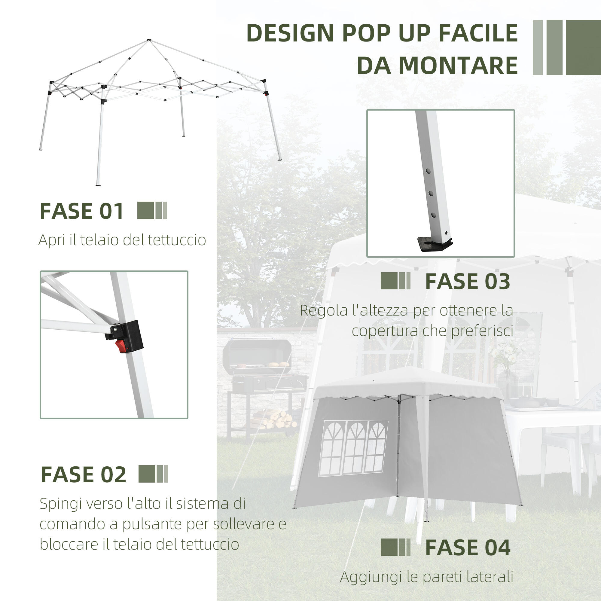 Outsunny Gazebo da Esterno Pieghevole 2.4x2.4x2.5m Altezza Regolabile Bianco 5/7