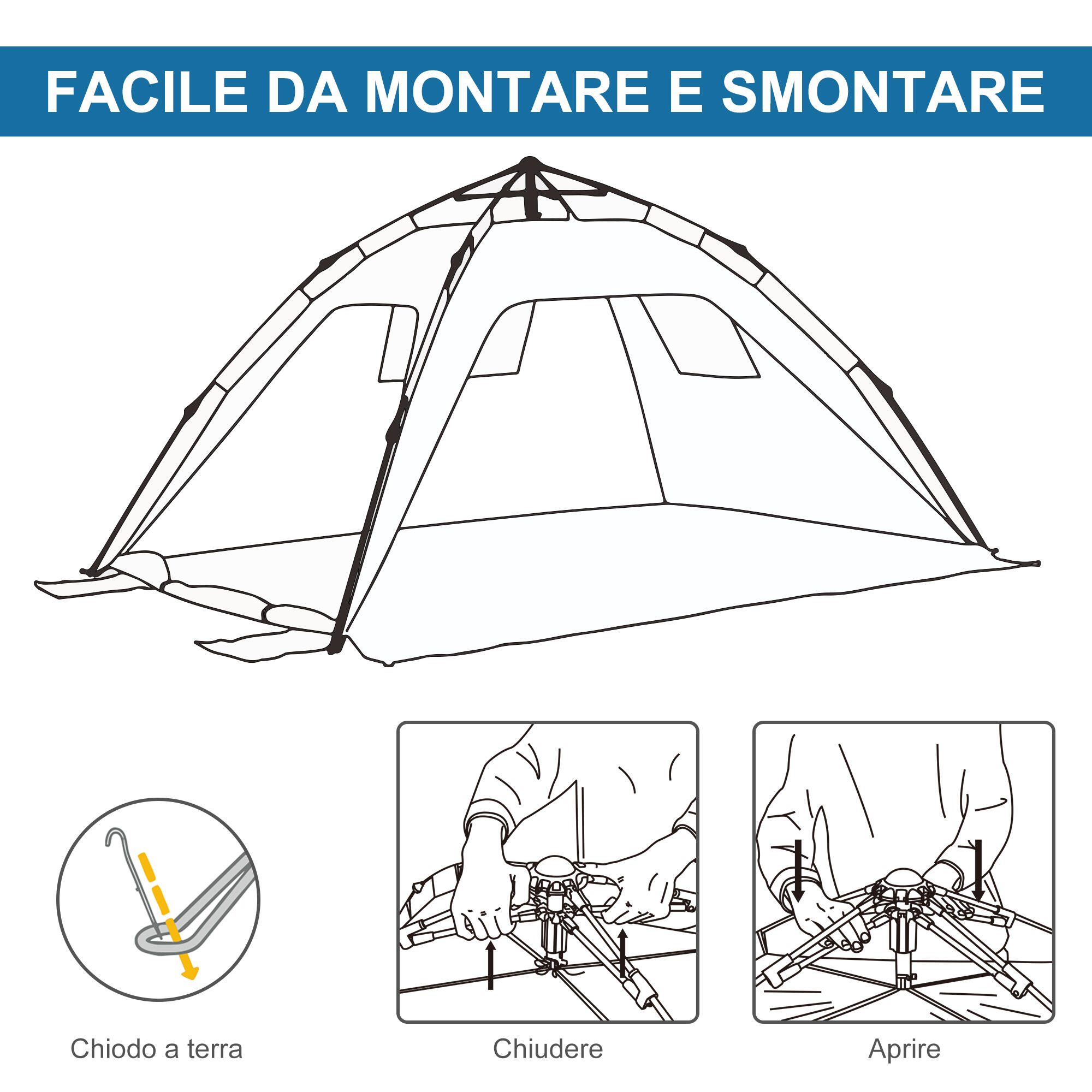 Outsunny Tenda da Spiaggia Pop Up in Poliestere e Vetro Blu Cielo e Grigio 7/7