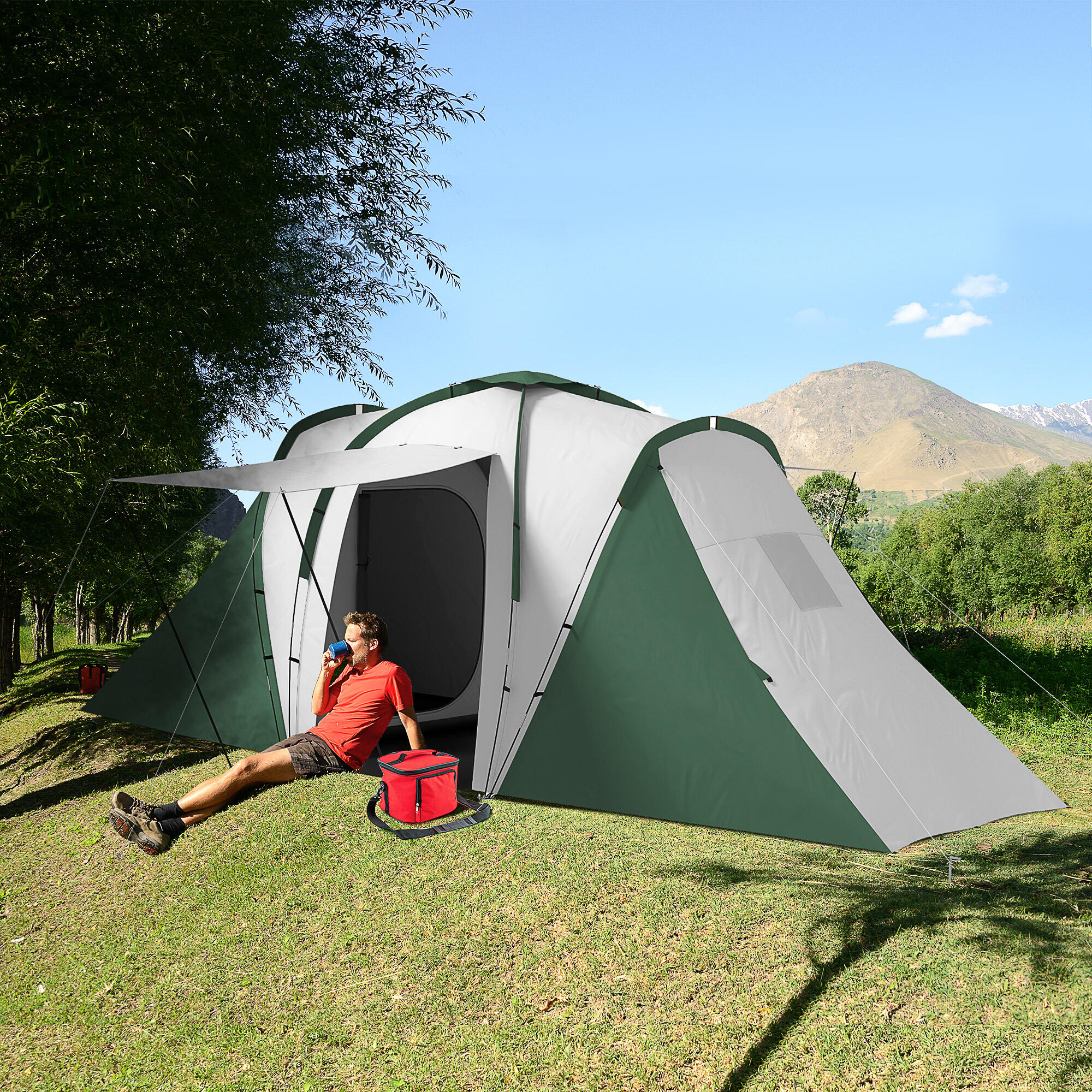 Outsunny Tenda da Campeggio 4-6 Persone con 2 Camere Grigia e Verde 2/8
