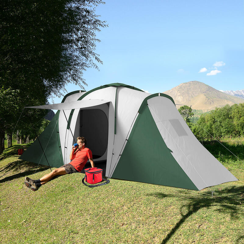 Outsunny Cort de Camping pentru 4-6 persoane, cu 2 Dormitoare, Gri Și Verde