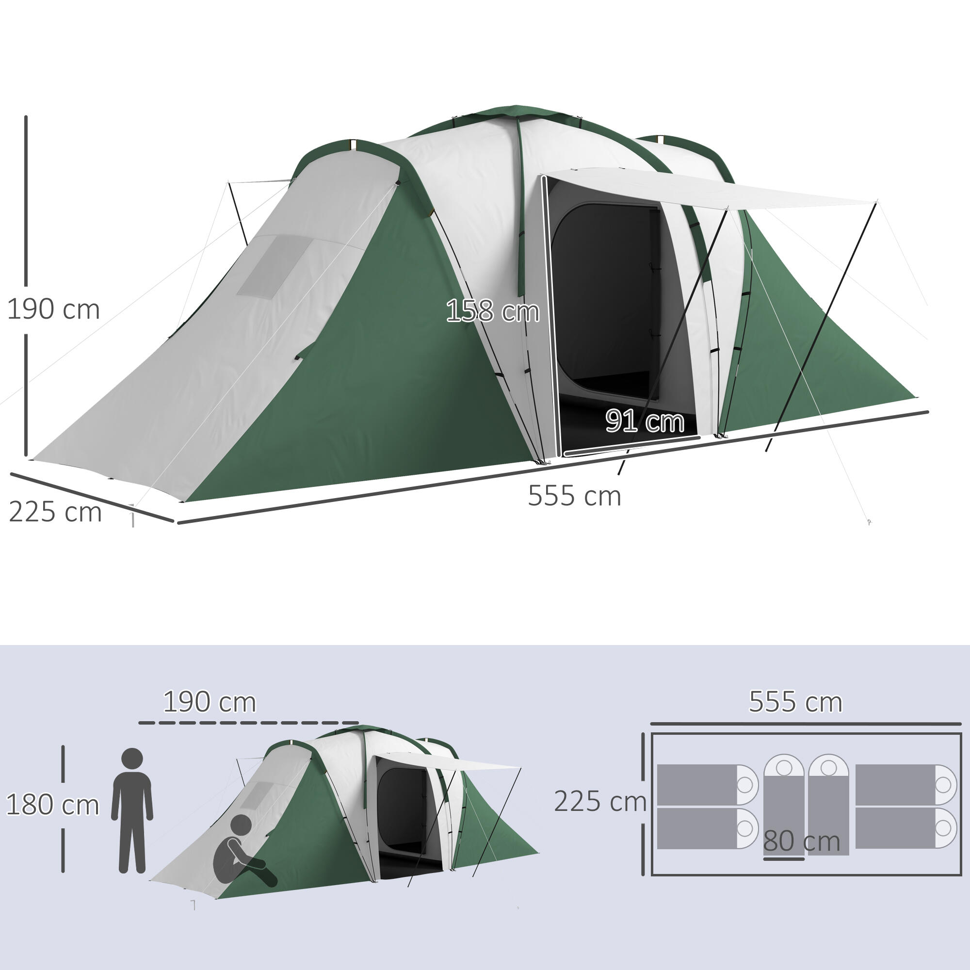 Outsunny Tenda da Campeggio 4-6 Persone con 2 Camere Grigia e Verde 3/8