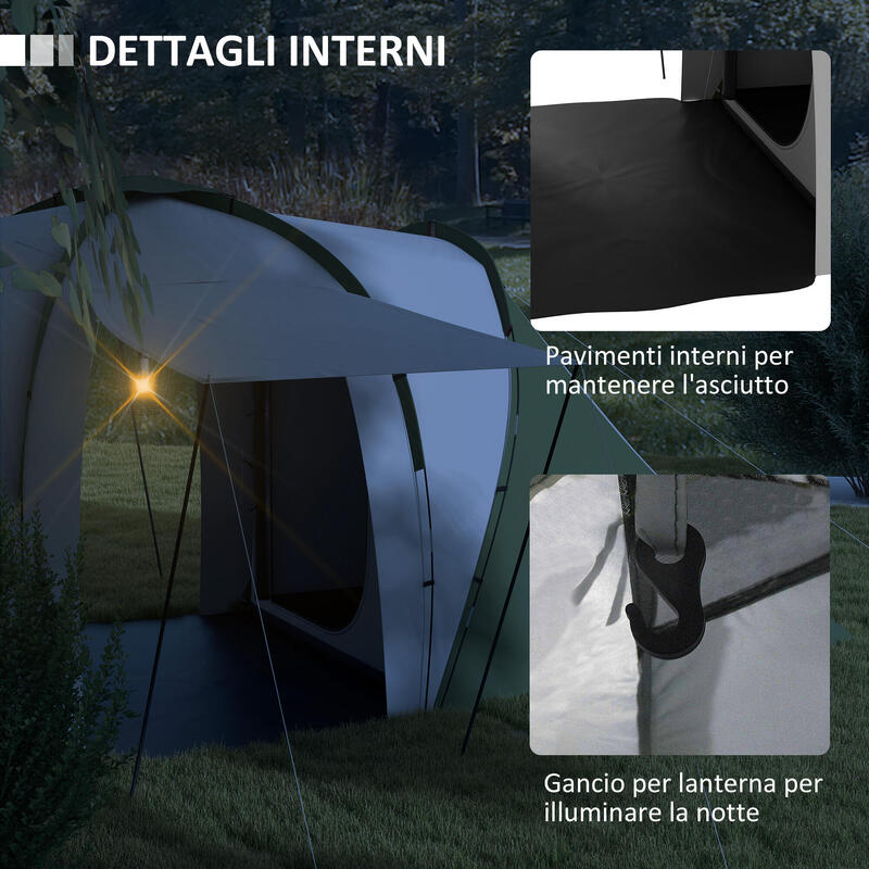 Outsunny Cort de Camping pentru 4-6 persoane, cu 2 Dormitoare, Gri Și Verde