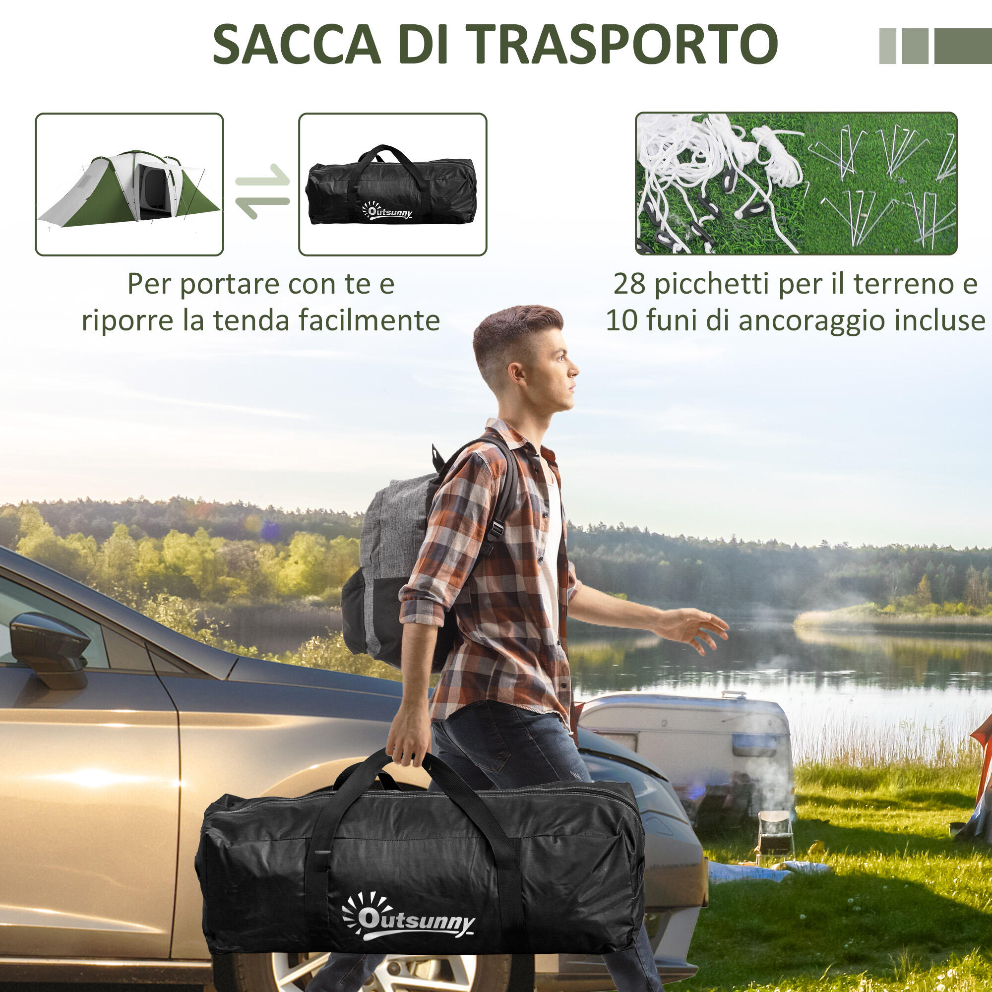 Outsunny Tenda da Campeggio 4-6 Persone con 2 Camere Grigia e Verde 7/8