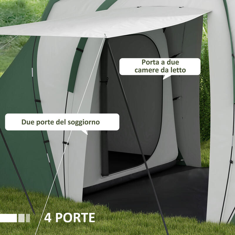 Outsunny Cort de Camping pentru 4-6 persoane, cu 2 Dormitoare, Gri Și Verde