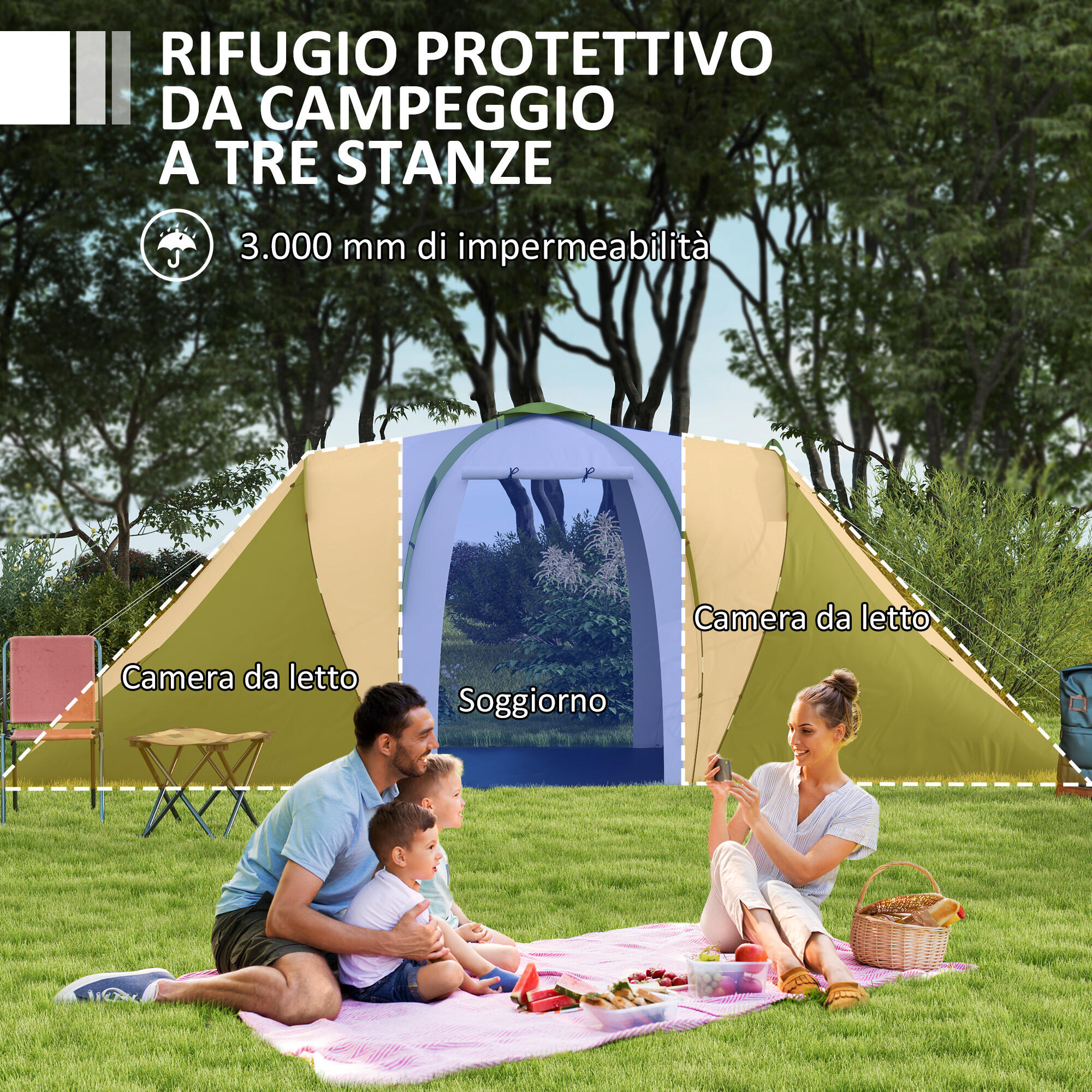 Outsunny Tenda da Campeggio 4-6 Persone con 2 Camere Grigia e Verde 4/8