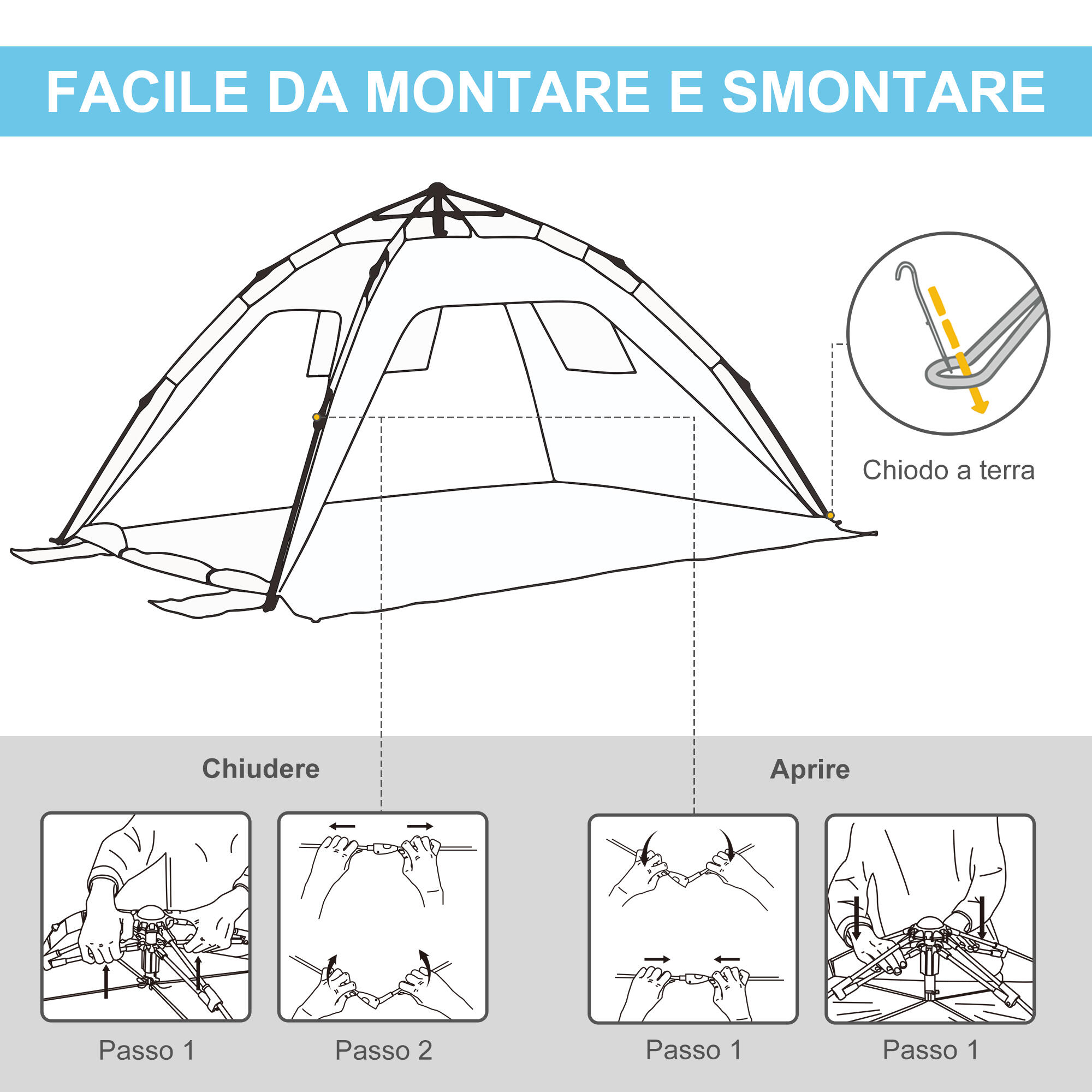 Outsunny Tenda da Spiaggia Pop Up in Poliestere e Vetro Blu Chiaro e Giallo 4/7
