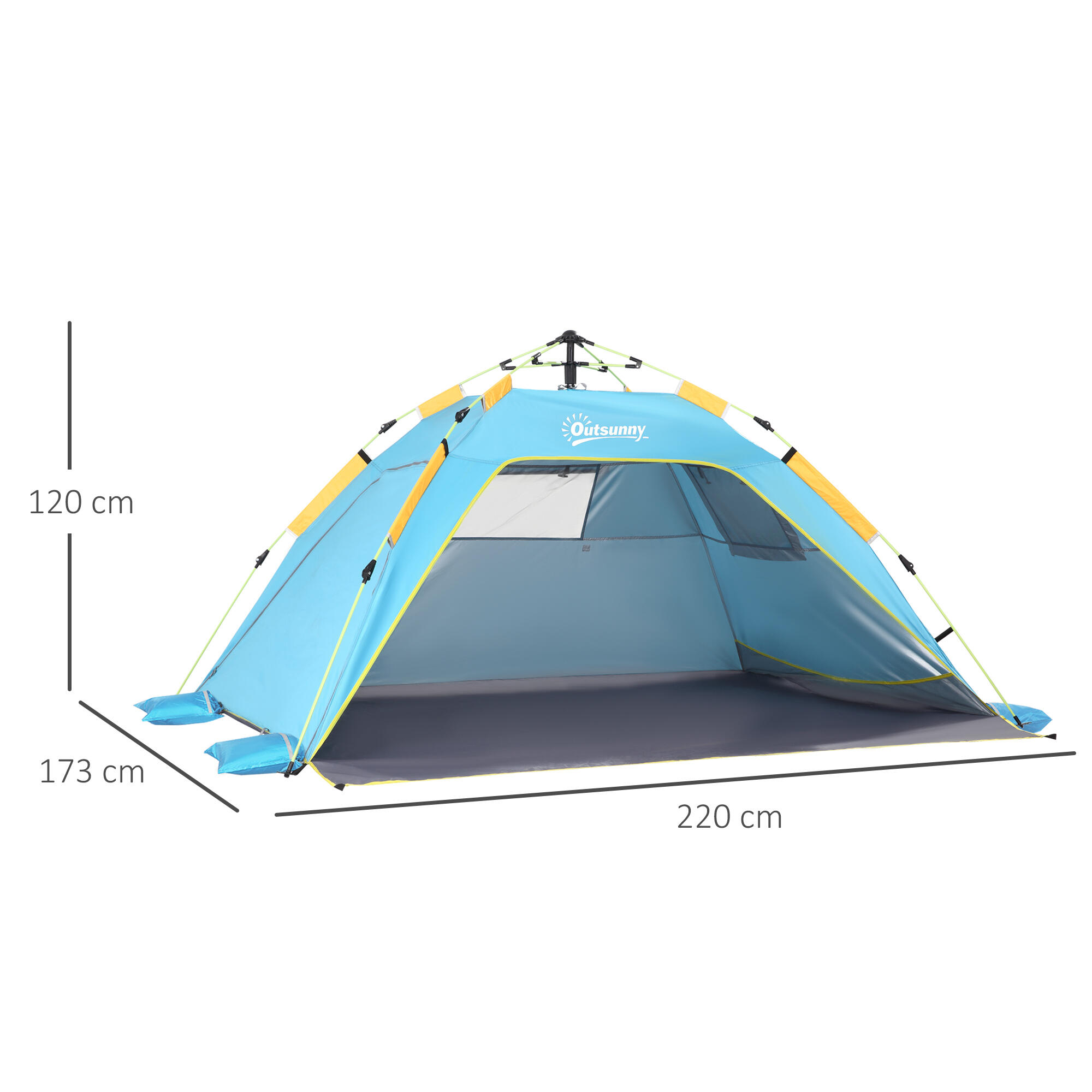 Outsunny Tenda da Spiaggia Pop Up in Poliestere e Vetro Blu Chiaro e Giallo 3/7