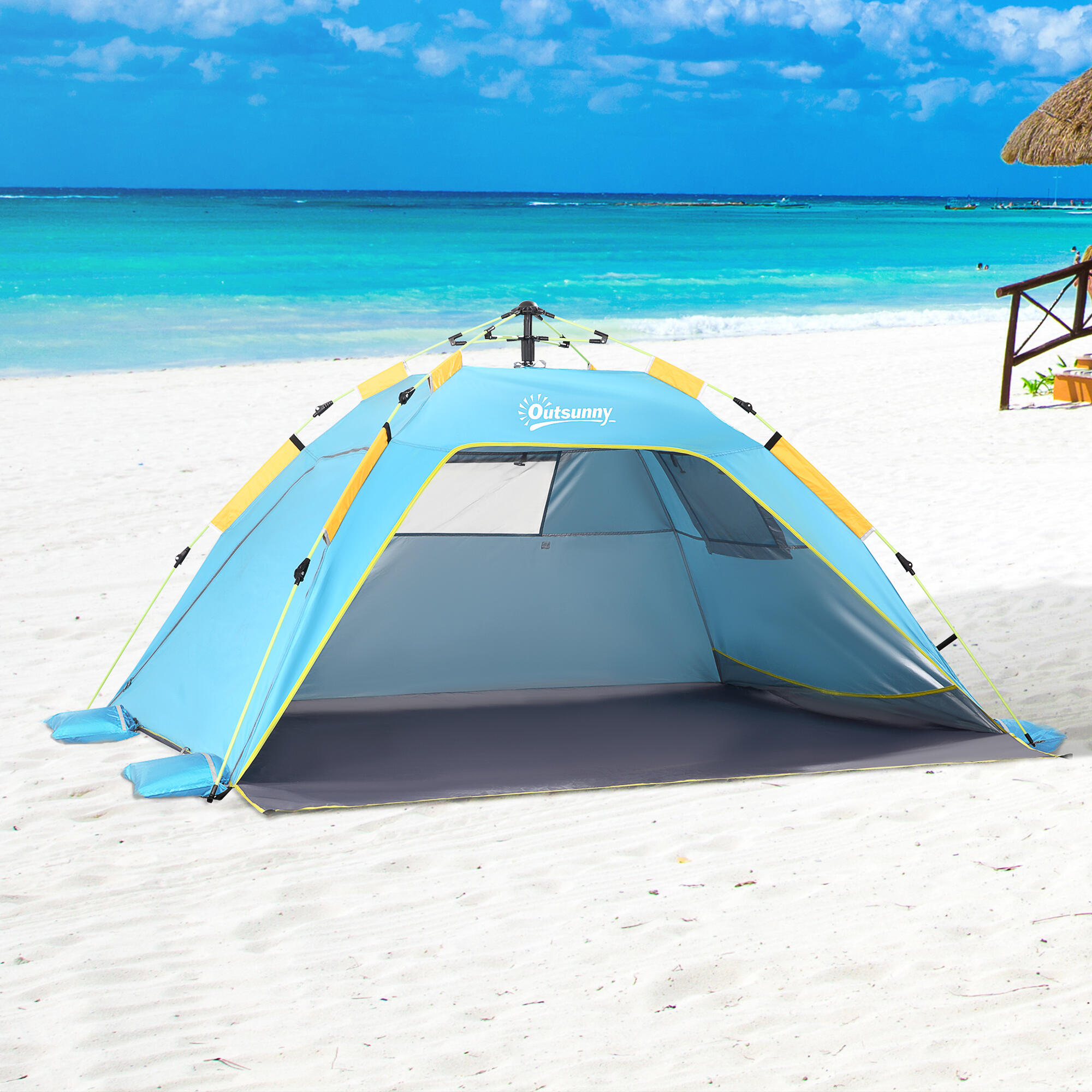 Outsunny Tenda da Spiaggia Pop Up in Poliestere e Vetro Blu Chiaro e Giallo 2/7