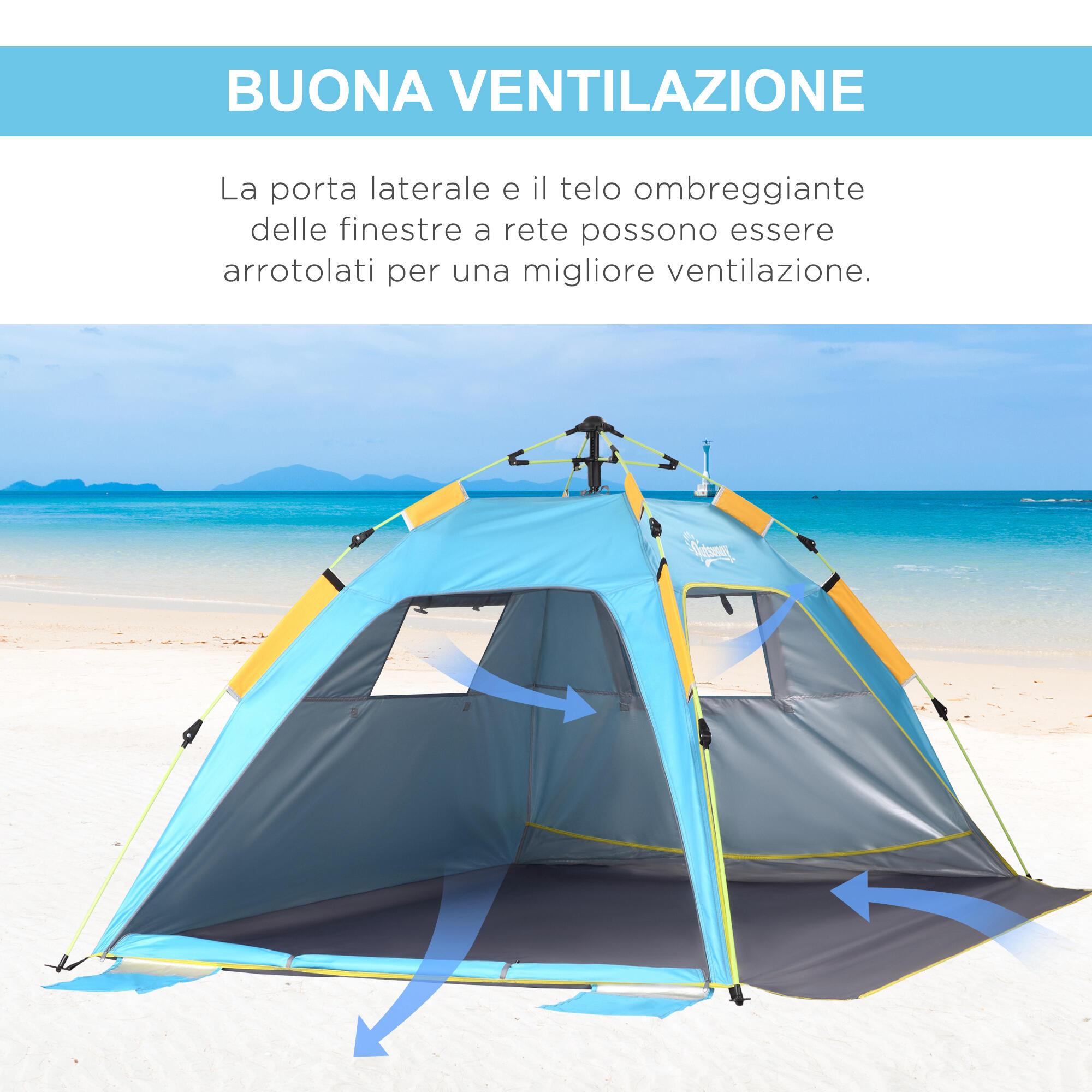 Outsunny Tenda da Spiaggia Pop Up in Poliestere e Vetro Blu Chiaro e Giallo 6/7