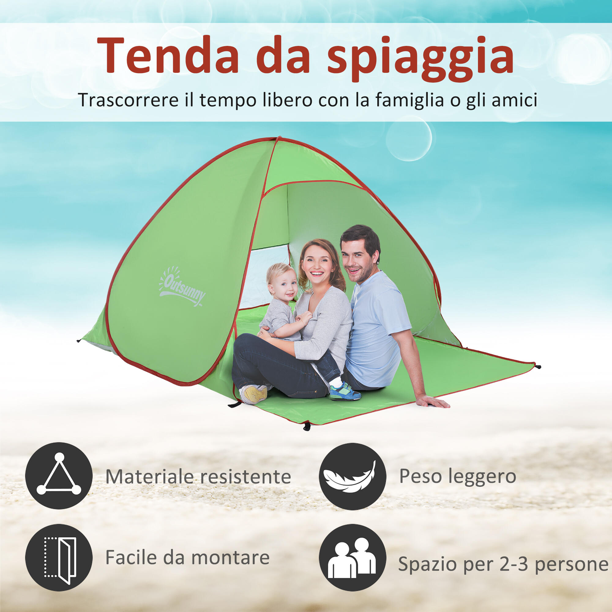 Outsunny Tenda da Spiaggia Pop Up Anti UV 30+ e Borsa 200x150x119 cm Verde 4/8