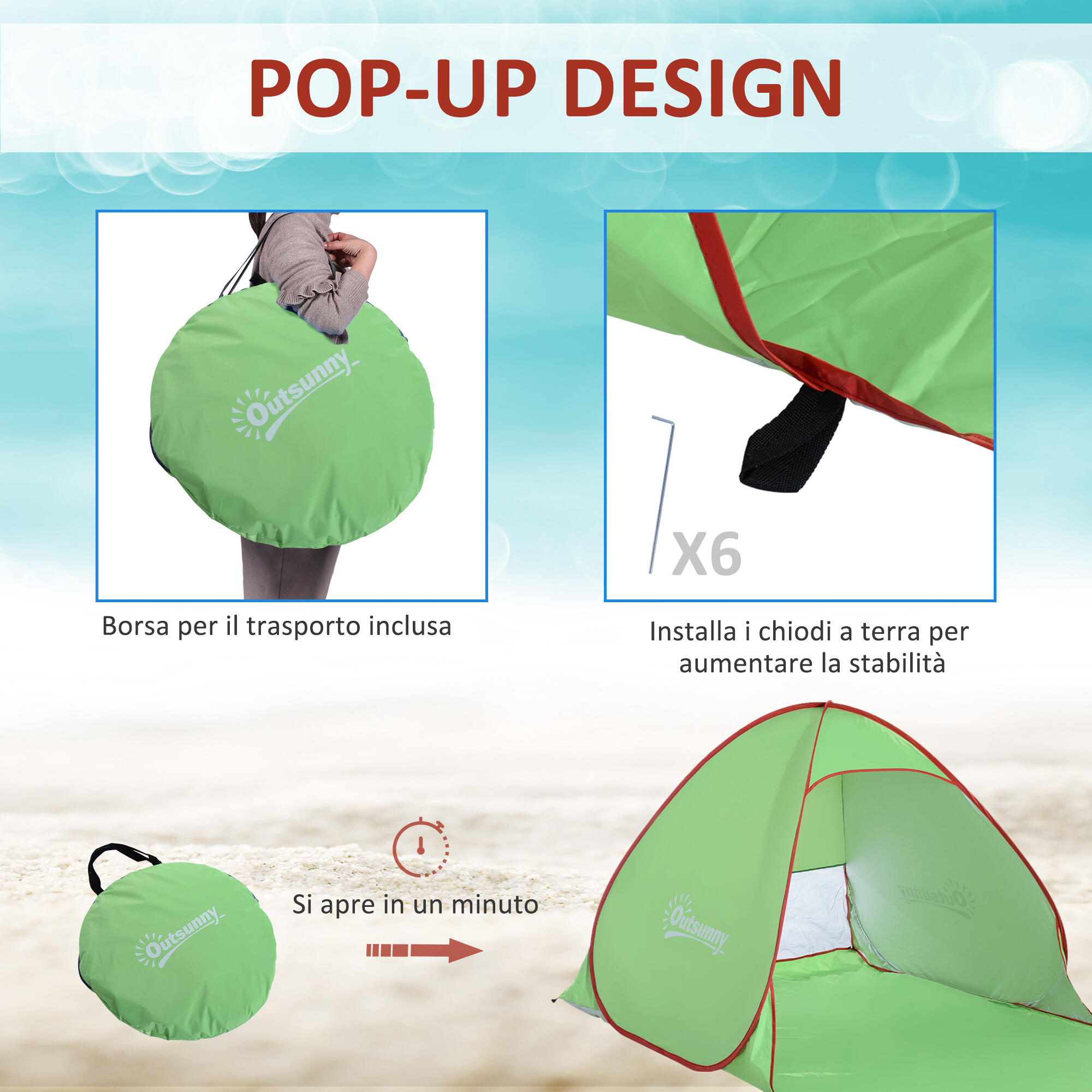Outsunny Tenda da Spiaggia Pop Up Anti UV 30+ e Borsa 200x150x119 cm Verde 5/8
