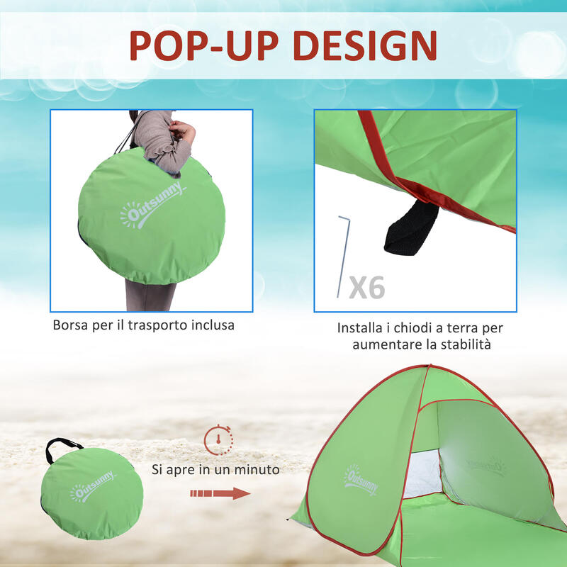 Outsunny Cort de Plajă Pop Up Anti Uv 30+ Și Geantă 200X150X119 cm Verde