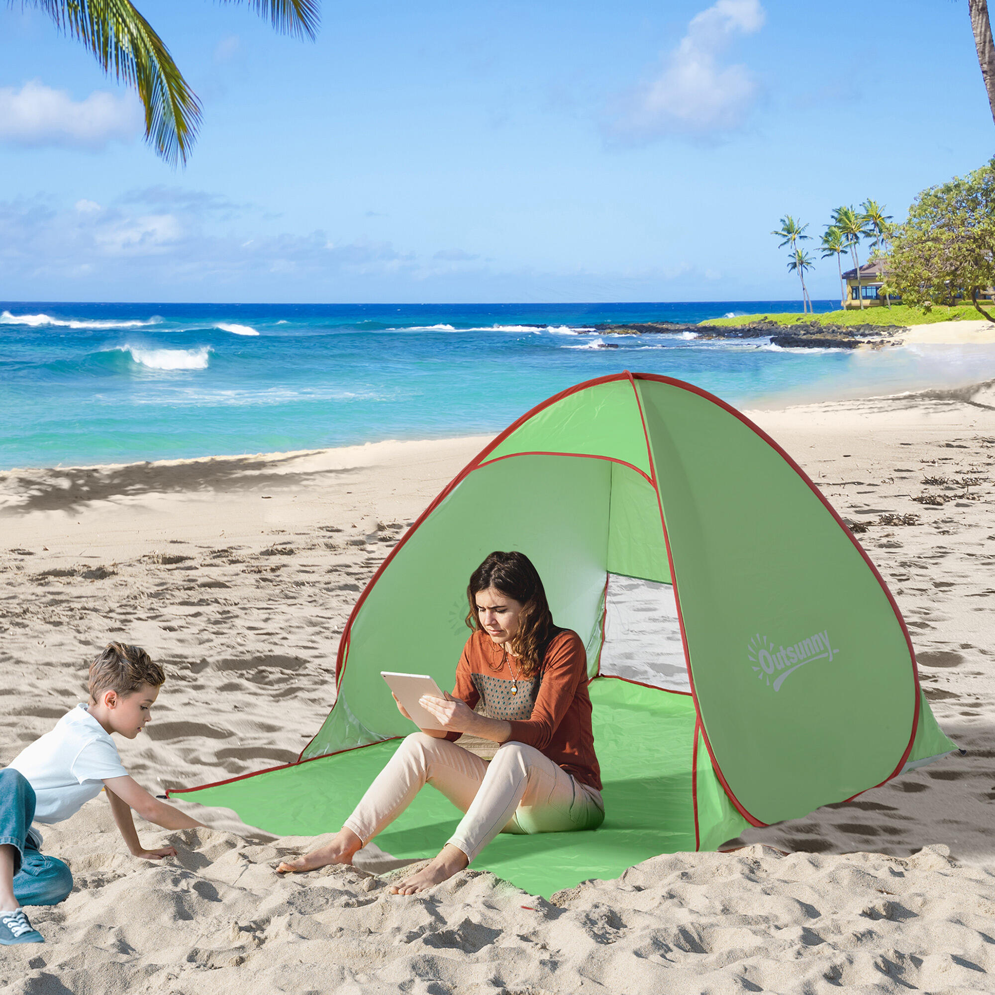 Outsunny Tenda da Spiaggia Pop Up Anti UV 30+ e Borsa 200x150x119 cm Verde 2/8